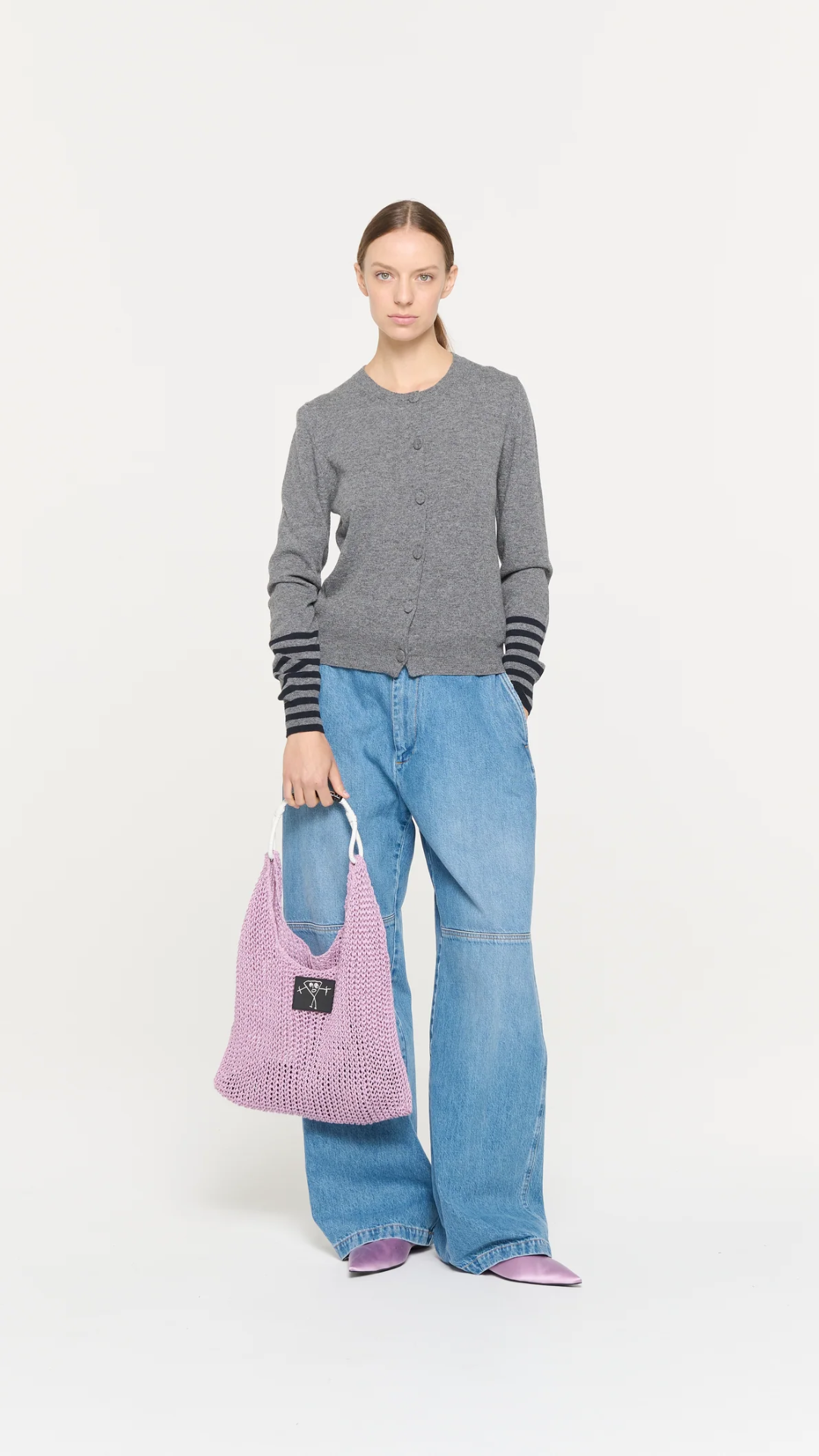 Plan C LS Cardigan in Grey Stripes