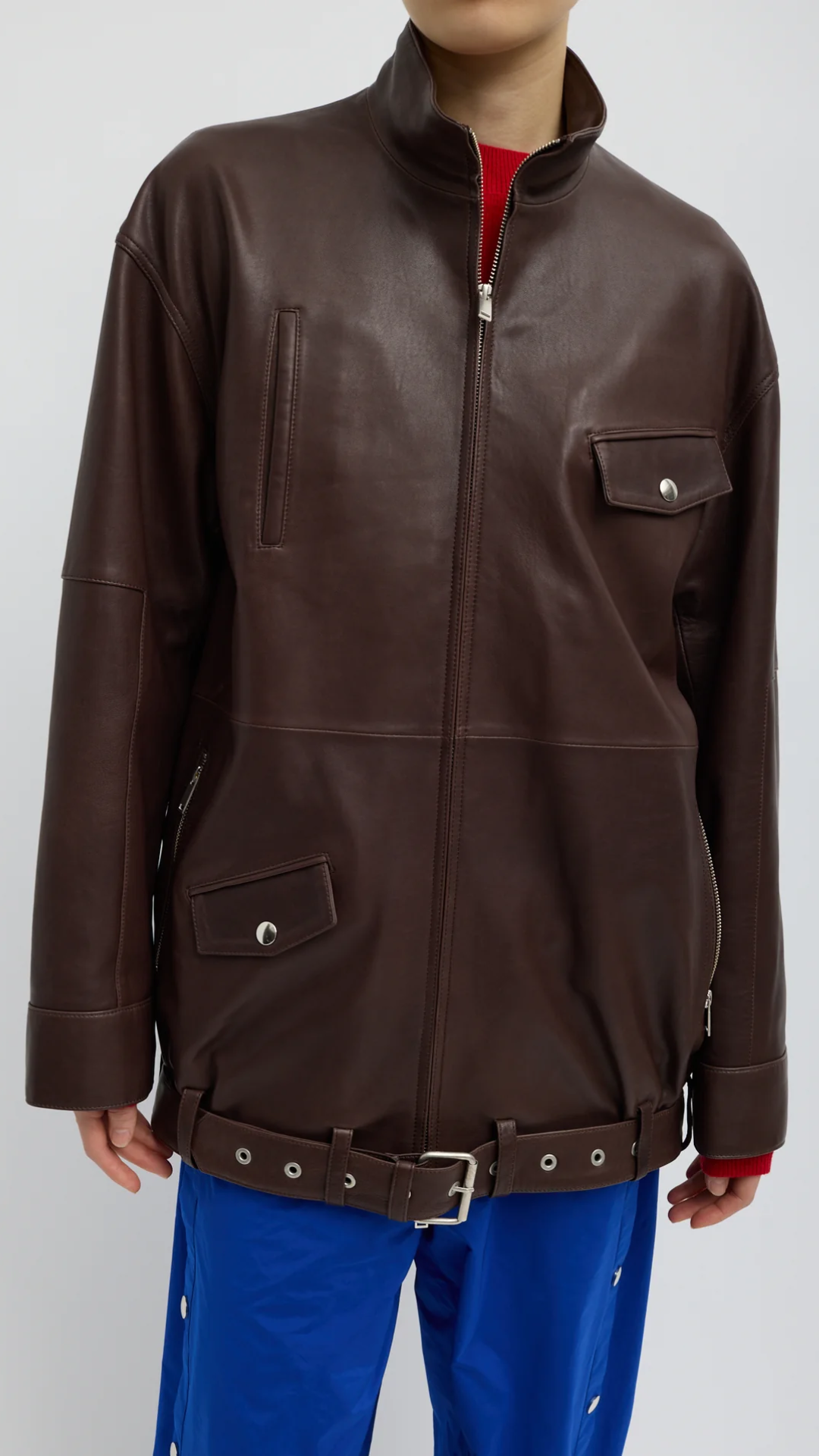 Tibi Leather Moto Bomber in Brown