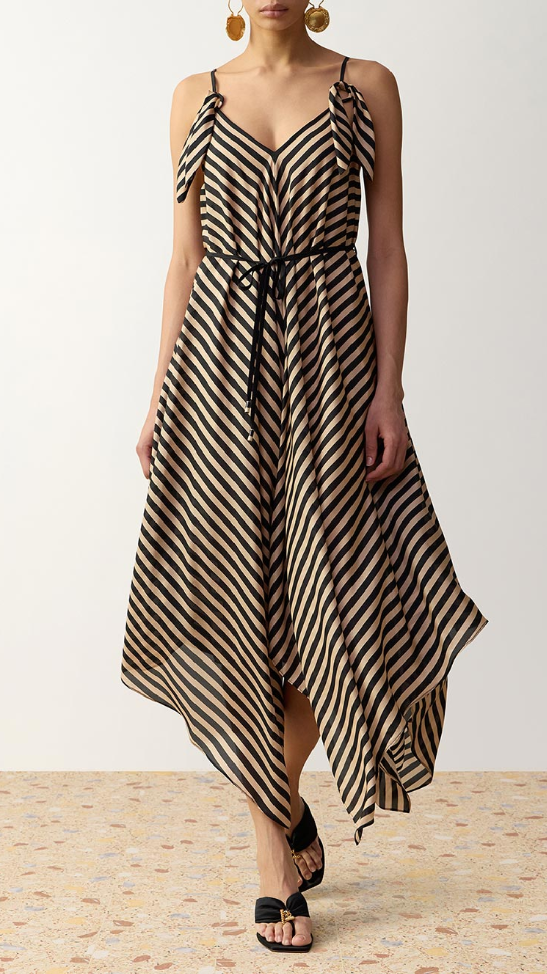 Zimmermann Fairlight Scarf Hem Midi Dress in Black/Beige