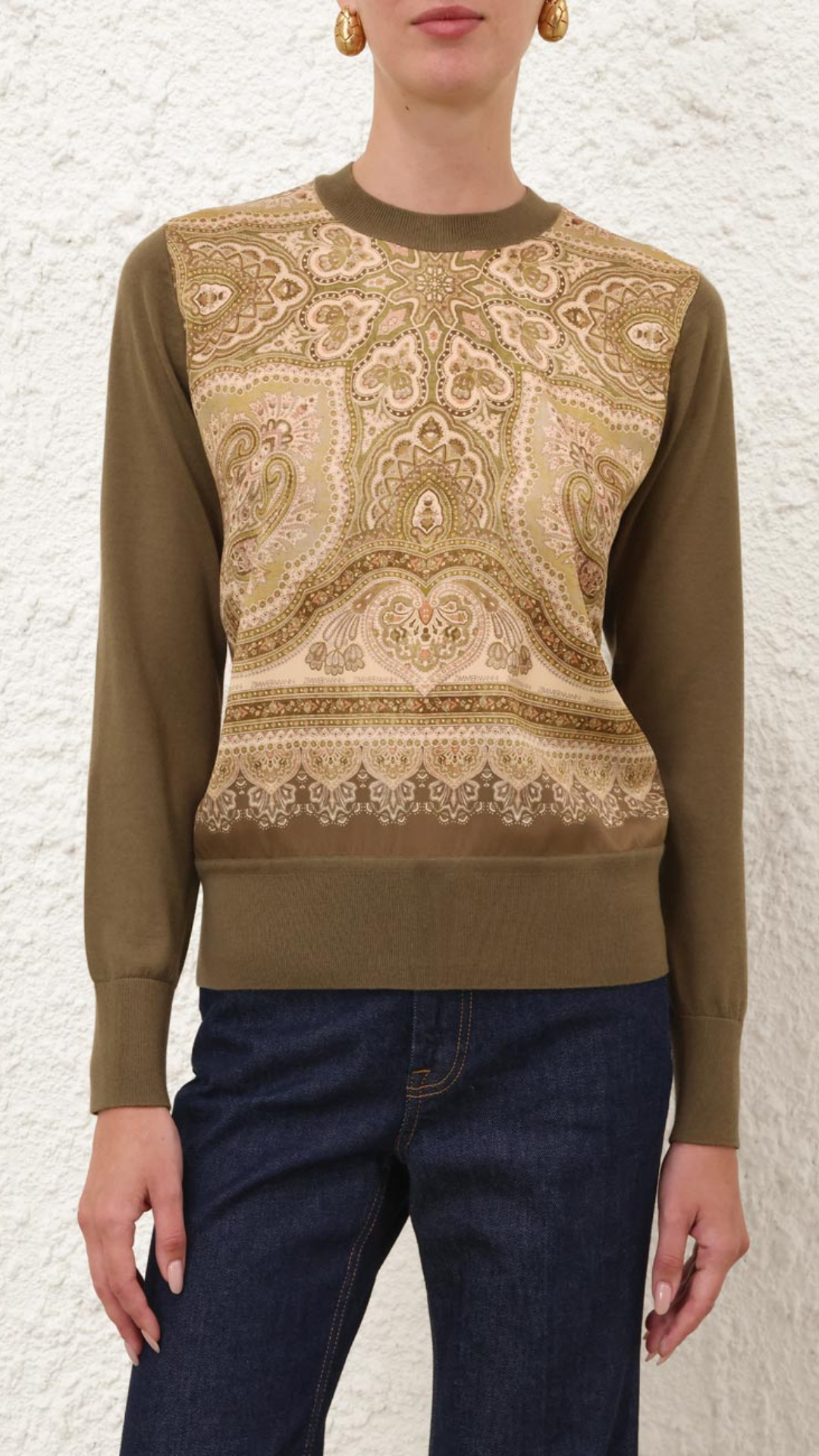 Zimmermann Luna Printed Silk Sweater in Olive