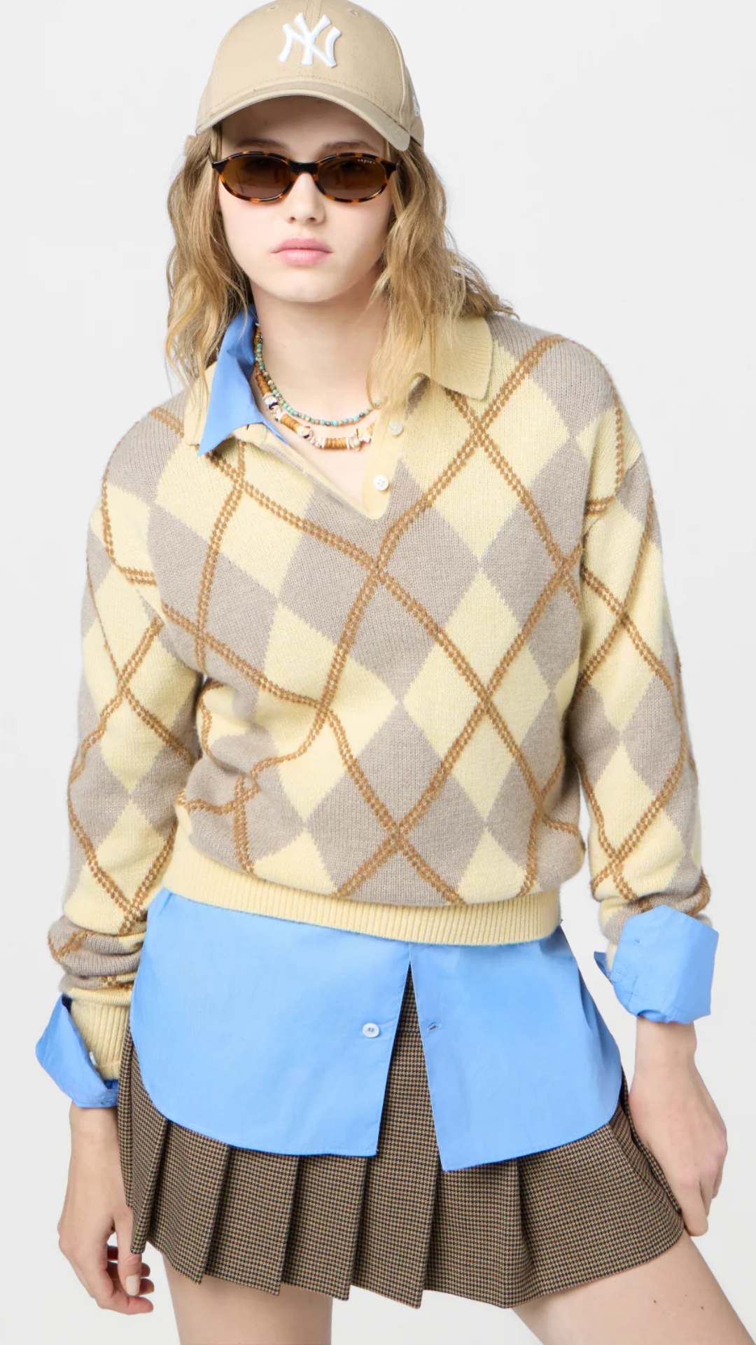 Guest in Residence Collegiate Argyle Polo Sweater in Butter Combo