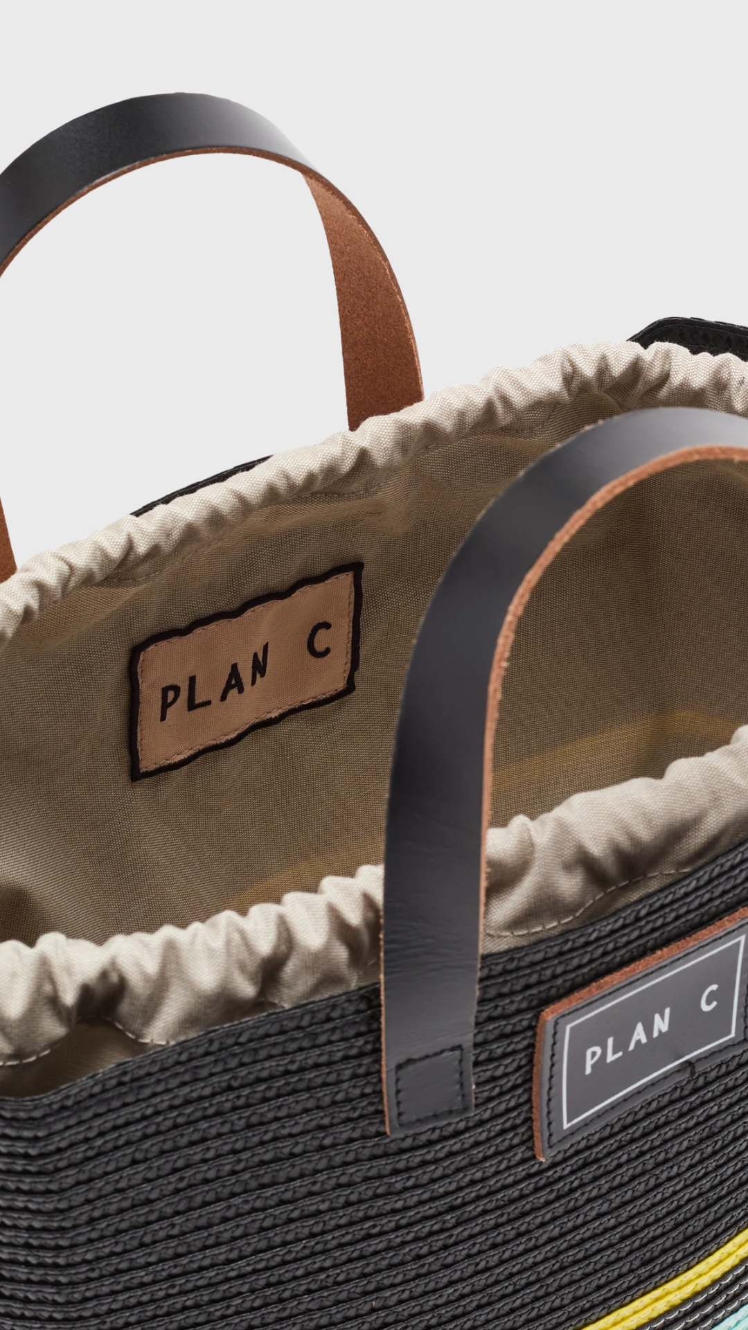 Plan C Small Synthetic Straw Shopper in Black