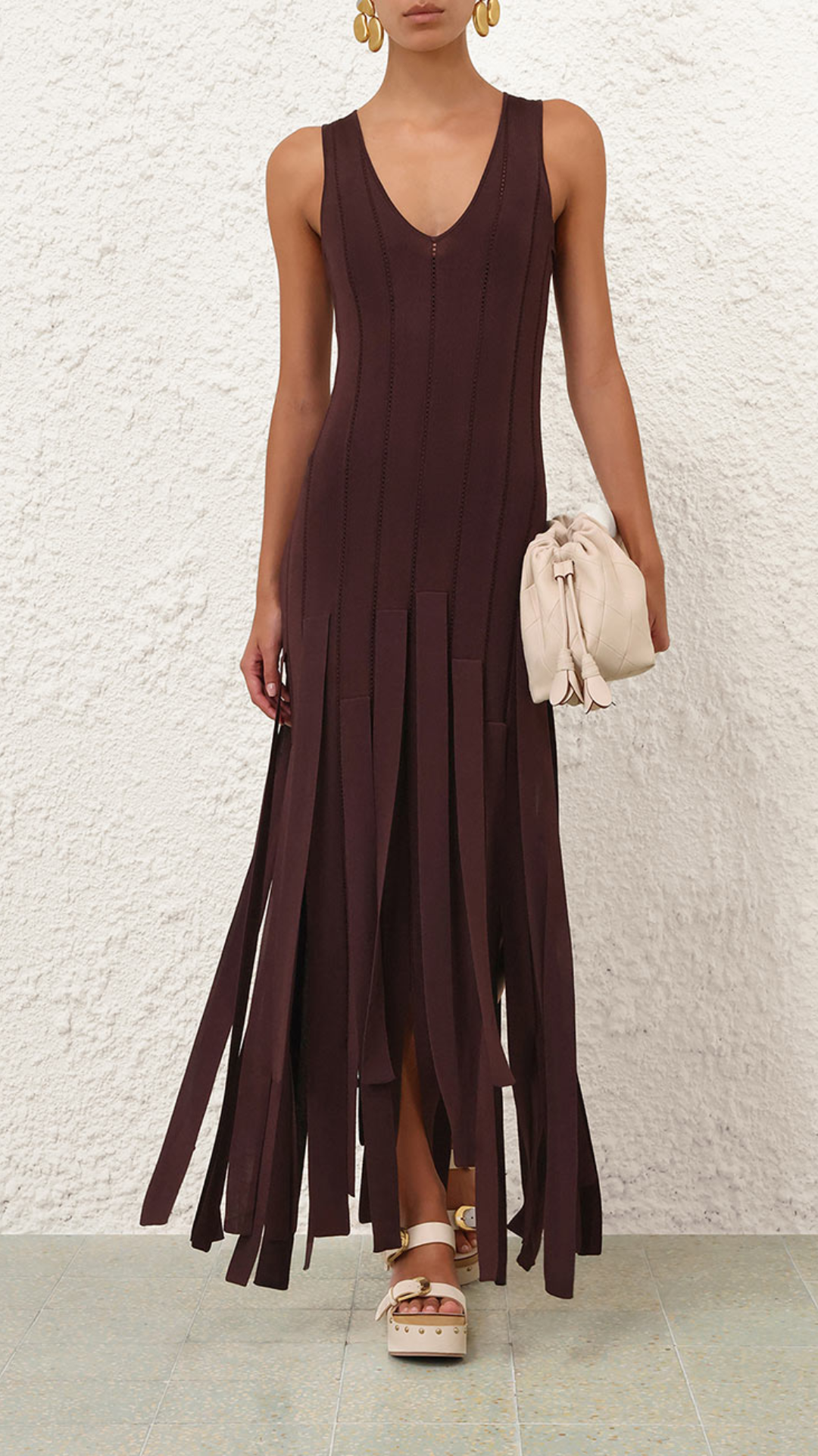 Zimmermann Luna Fringe Midi Dress in Chocolate