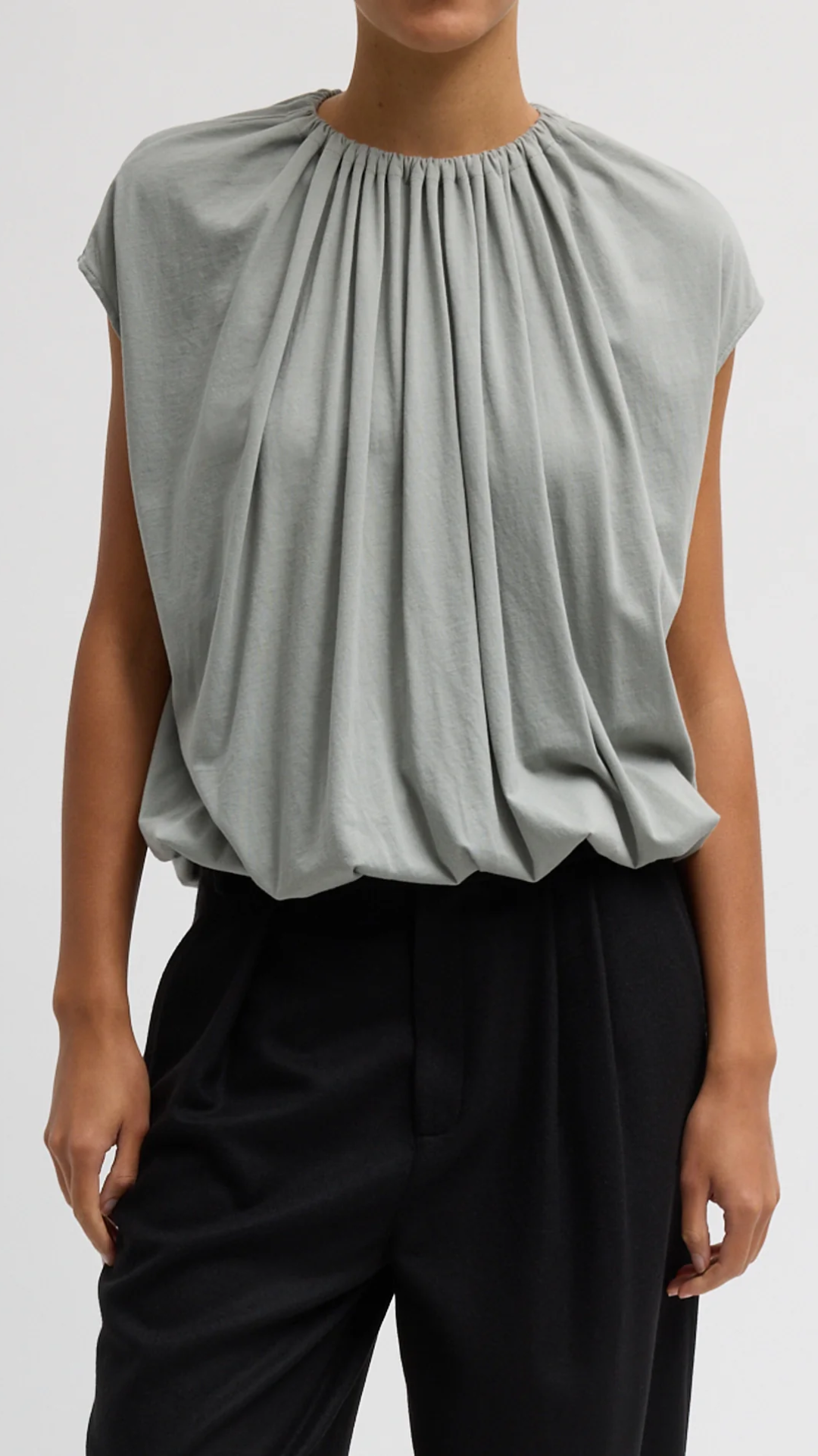 Tibi Shirred Neck Circular Top in Pumice