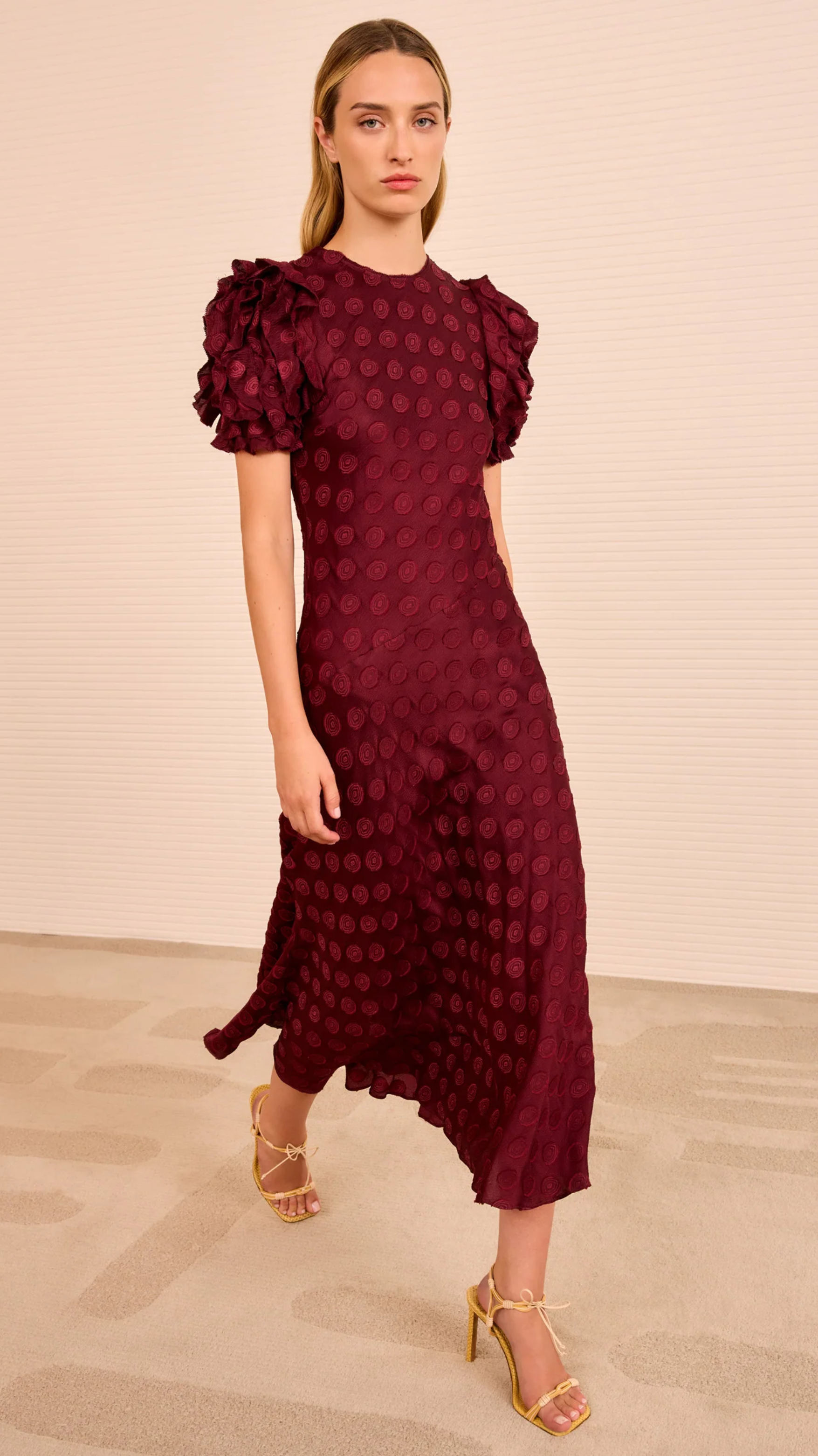 Ulla Johnson Elvia Ruffle Sleeve Midi Dress in Claret
