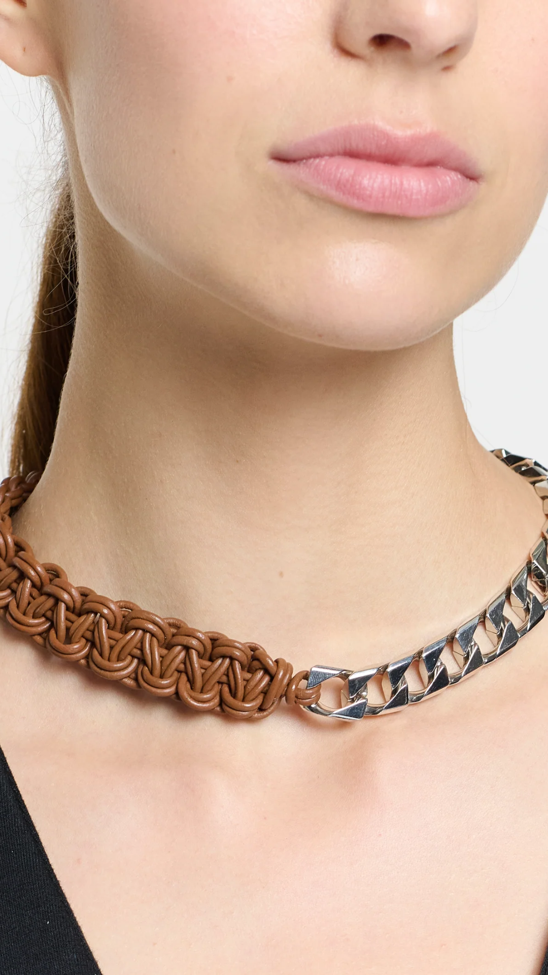 Plan C Flat Chain Leather Cord Necklace in Brown/Silver