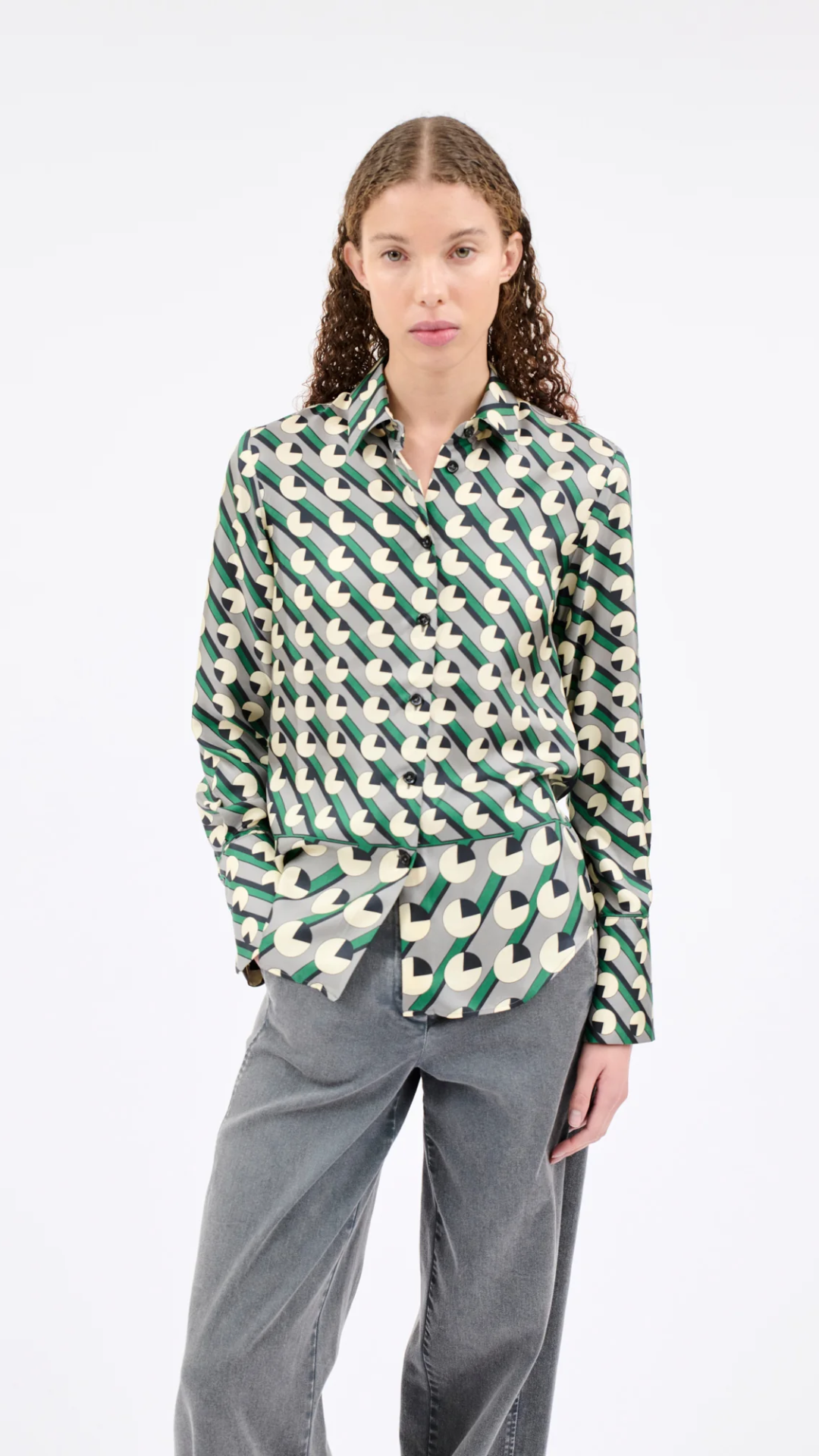 Odeeh Crescents and Lines Patterned Blouse in Dark Emerald
