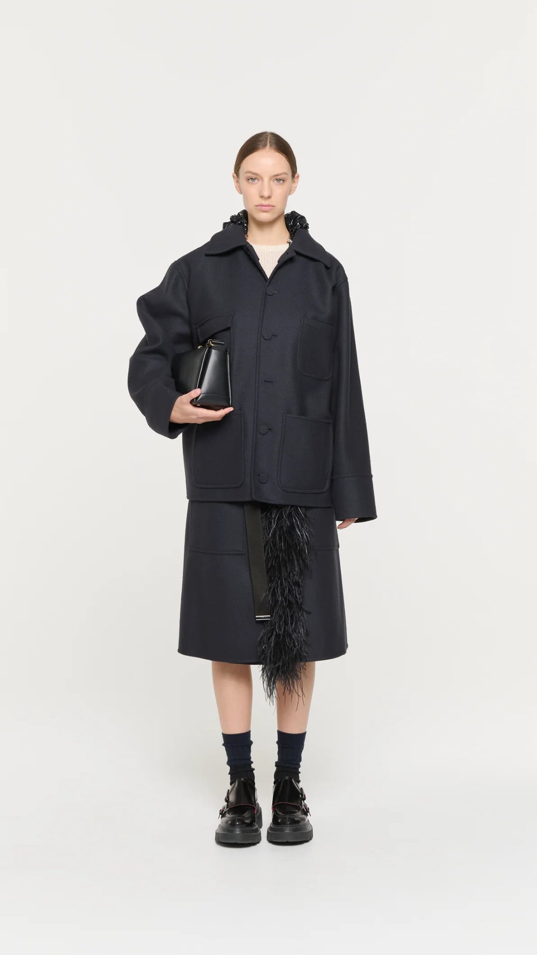 Plan C Wool Hooded Jacket in Blue Black