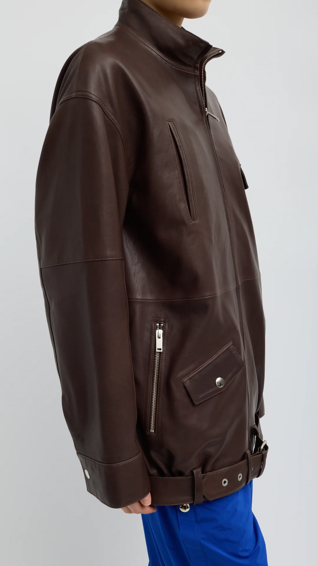 Tibi Leather Moto Bomber in Brown