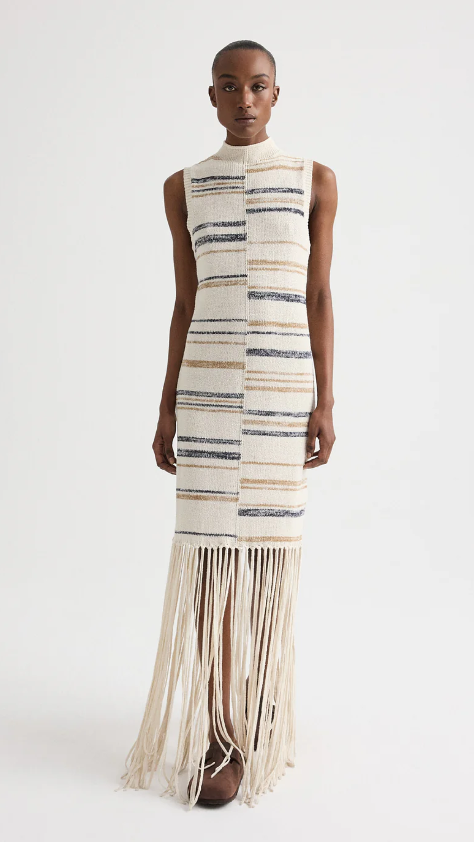 TWP Women's Fringe Sleeveless Dress in Linen Silk Yarn - Ivory Multi - S TWP Women's Fringe Sleeveless Dress in Linen Silk Yarn - Ivory Multi - S