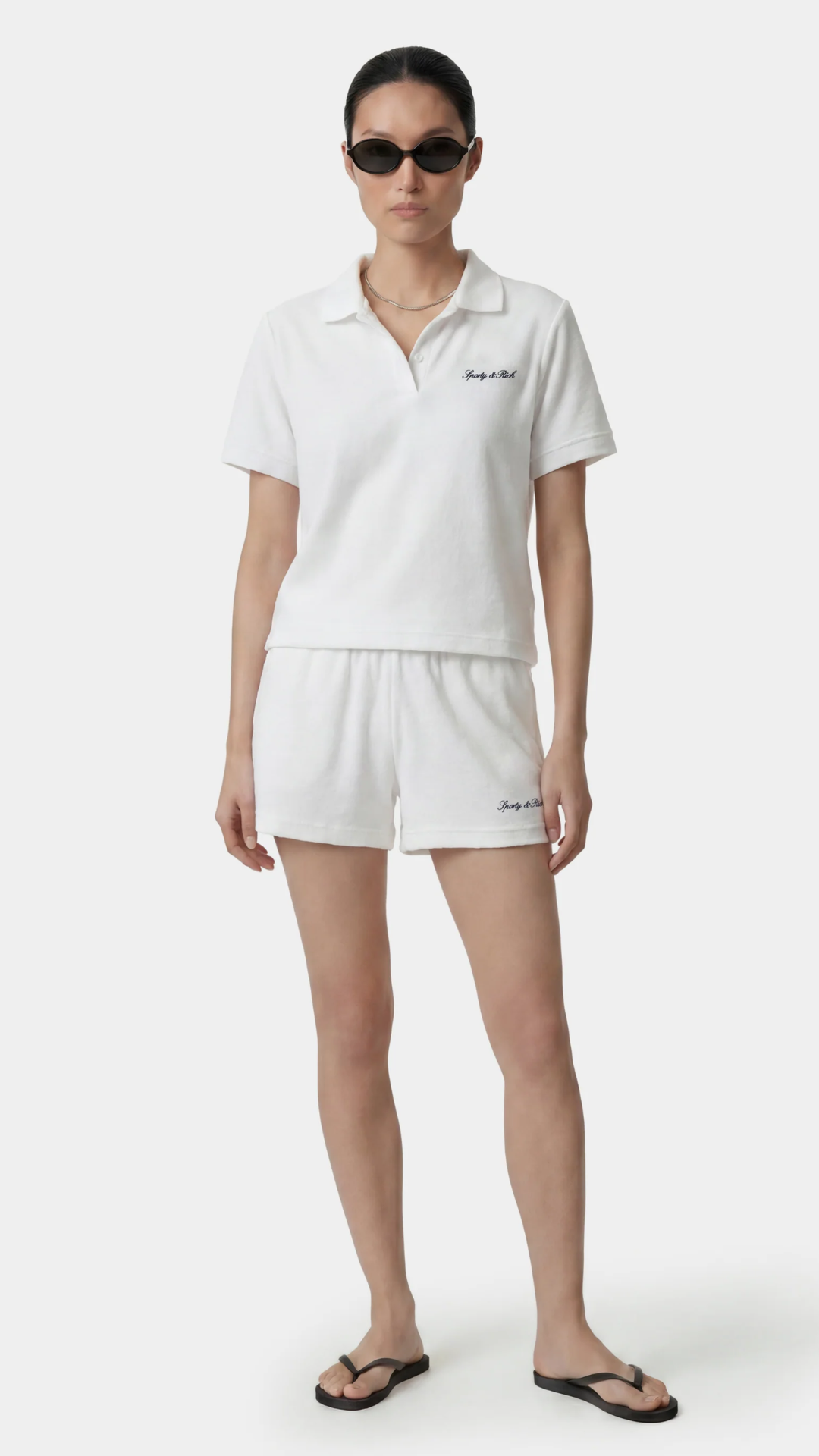 Sporty & Rich Signature Logo Terry Short in White/Light Navy