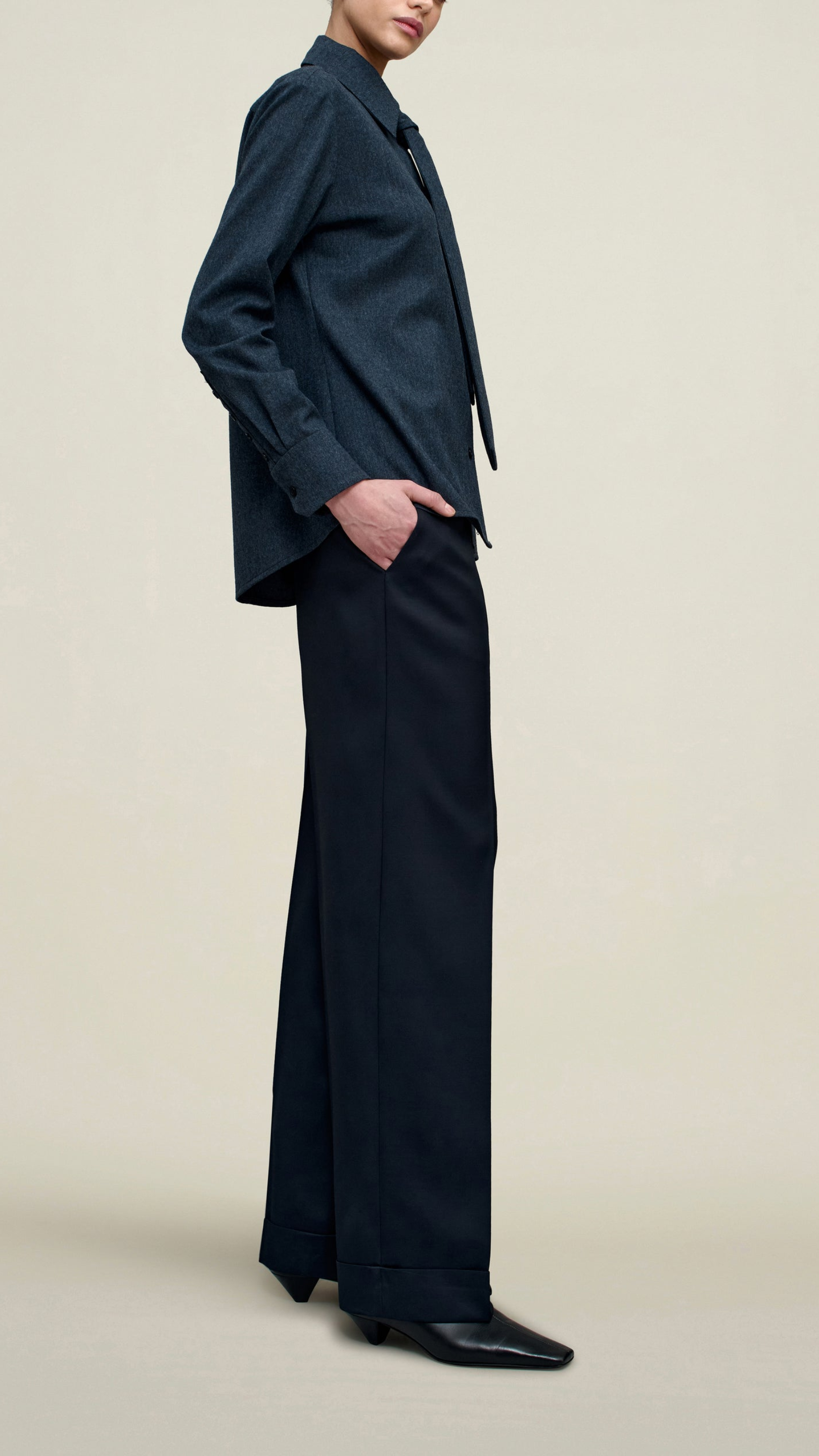 Kallmeyer Billie Flannel Suiting Tie Blouse in Heather Navy