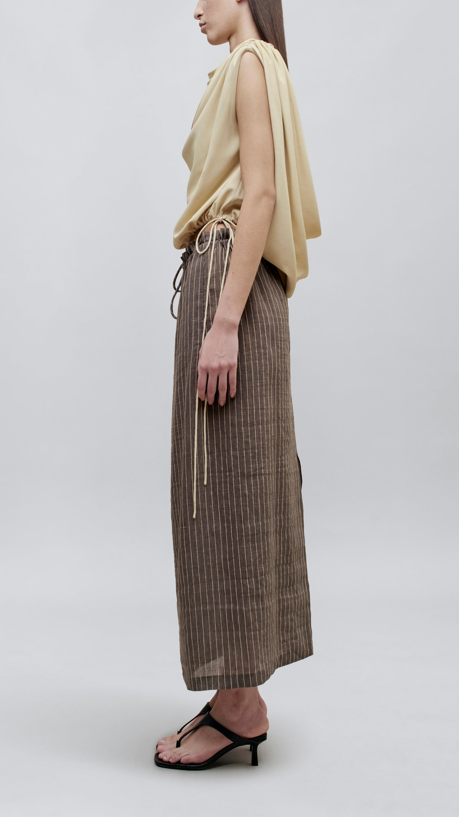 Kallmeyer Regina Drawstring Skirt in Graphite Linen Stripe