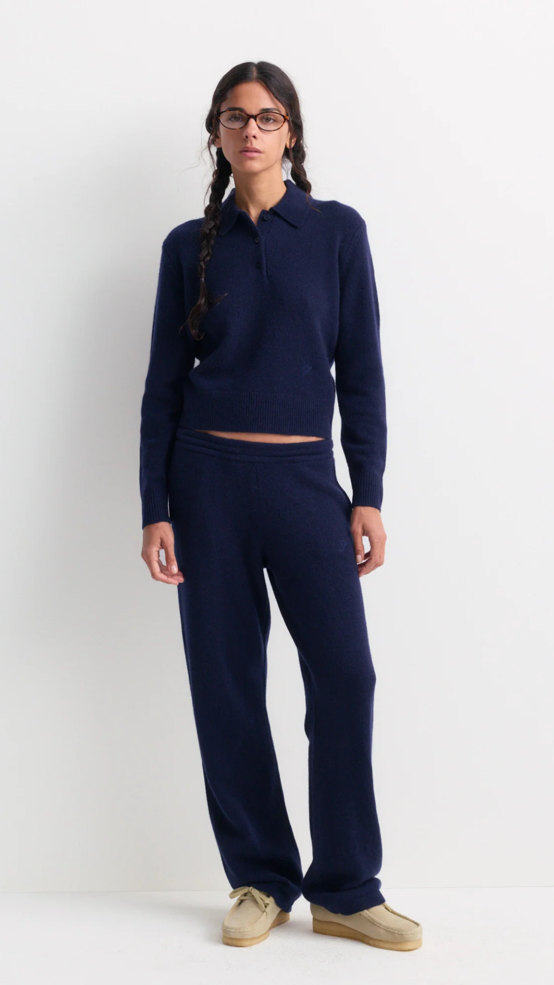 Sporty & Rich Izar S Logo Cashmere Polo in Dark Navy