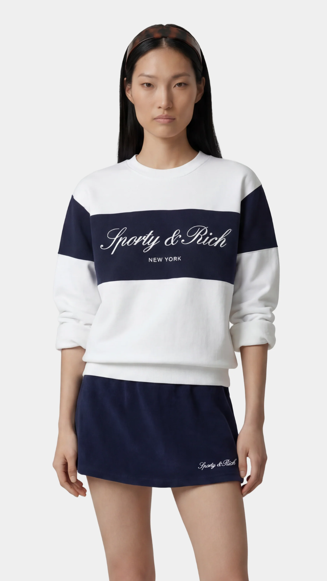 Sporty & Rich Signature Logo Block Crewneck in Dark Navy