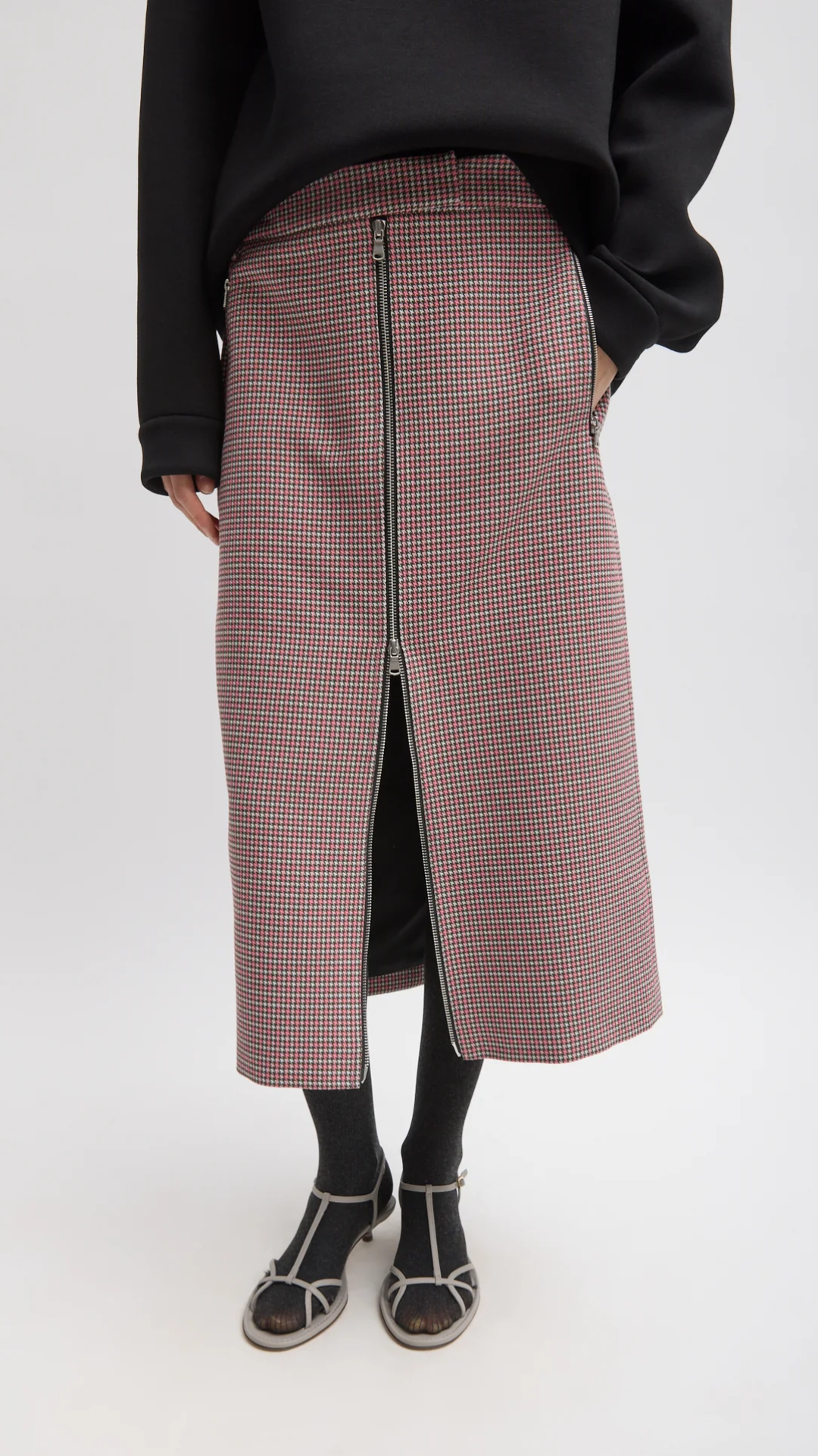 Tibi Leon Check Midi Trouser Zip Skirt in Pink Multi