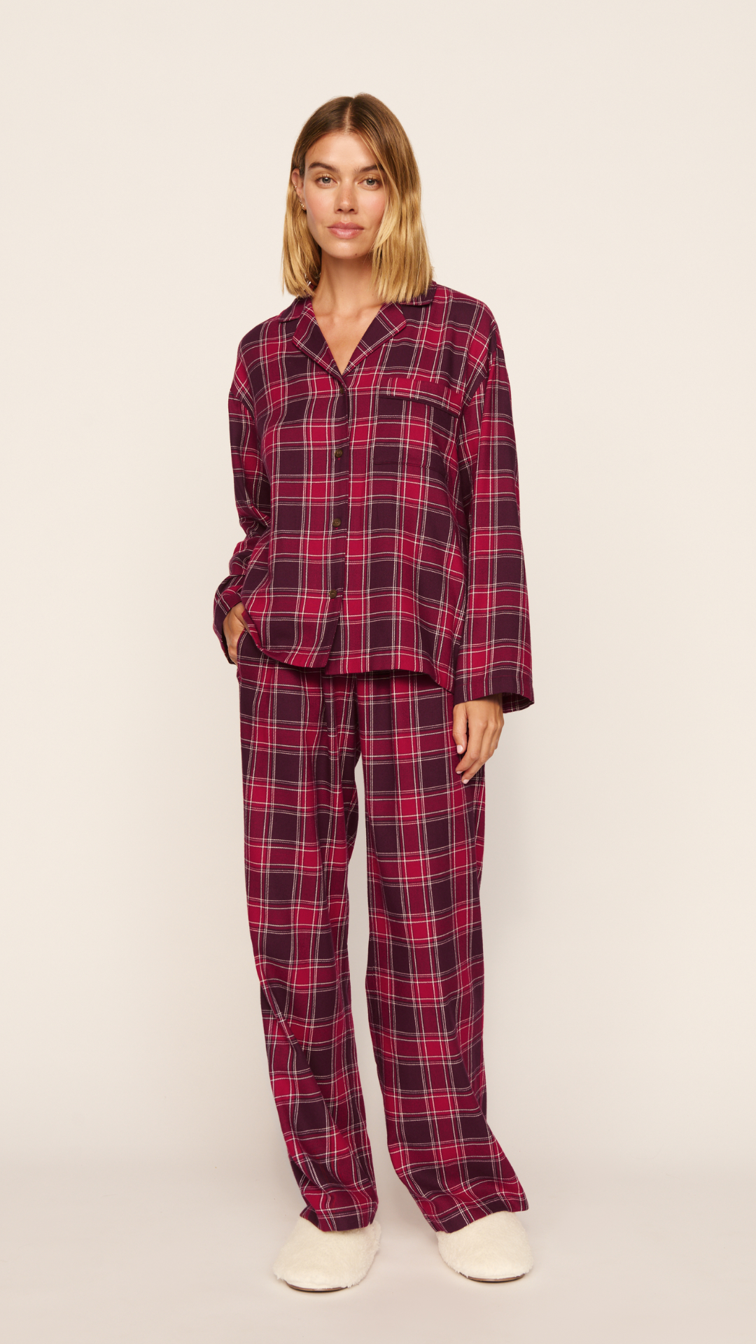 Eberjey Flannel Long Pj in Oxford Check Holly Red/Wildberry