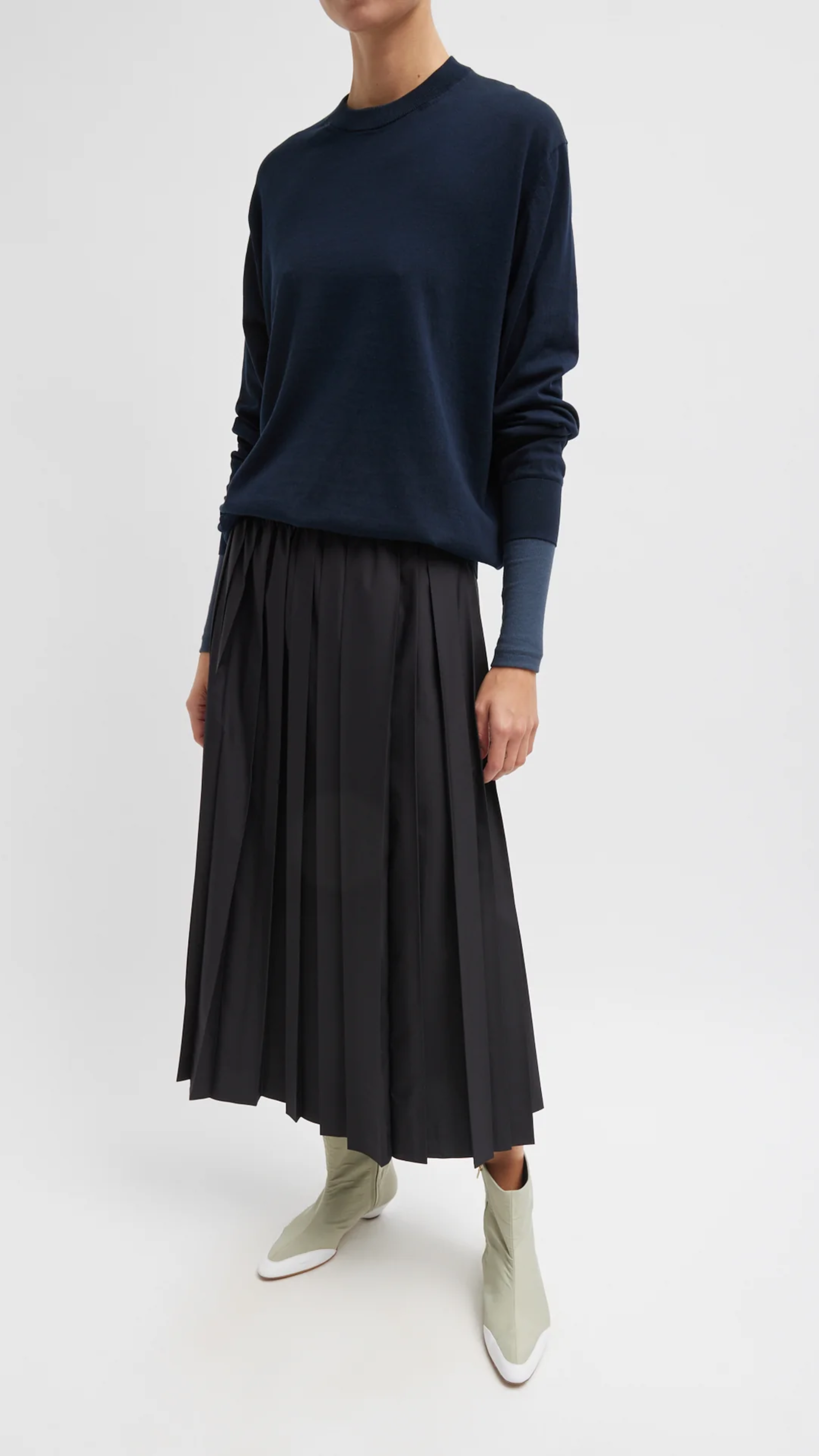 Tibi Nylon Pleated Pull on Skirt in Black