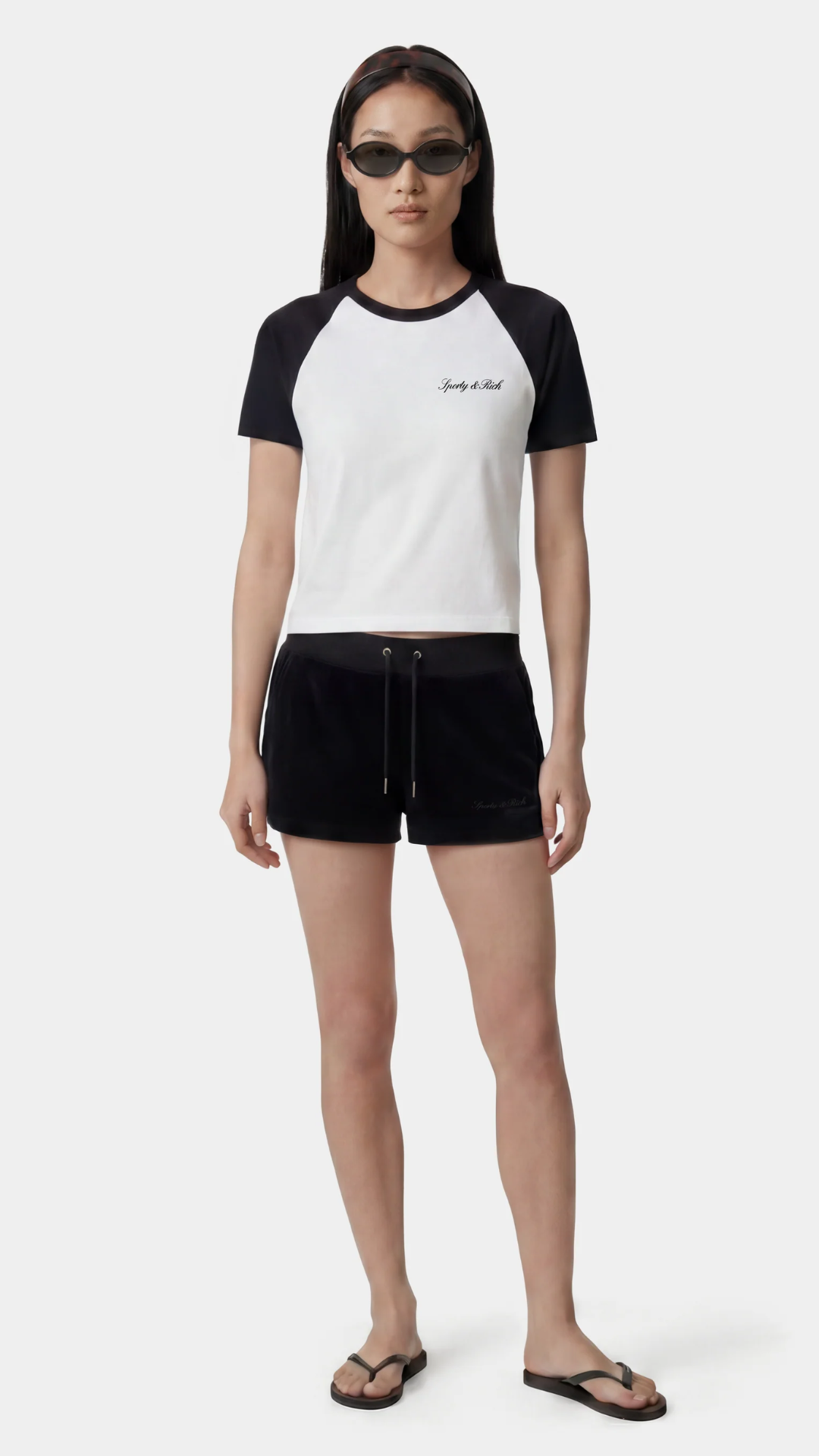 Sporty & Rich Signature Logo Baby Baseball Tee in White/ Black