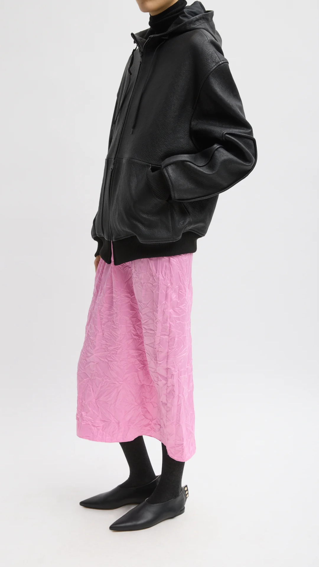 Tibi Pebbled Leather Hoodie Jacket in Black