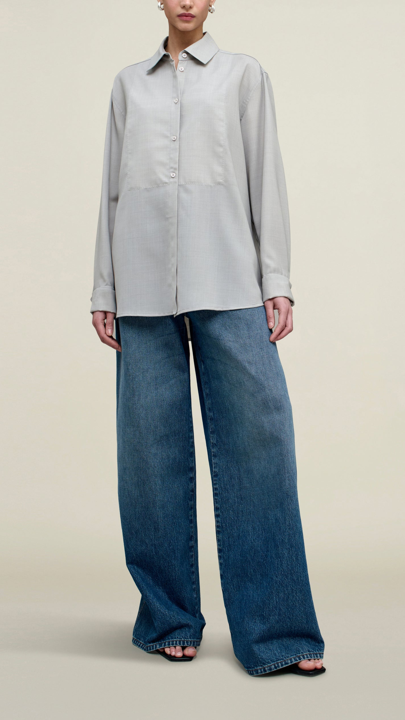 Kallmeyer Chloé Bib Button Down in Light Silver Wool Voile