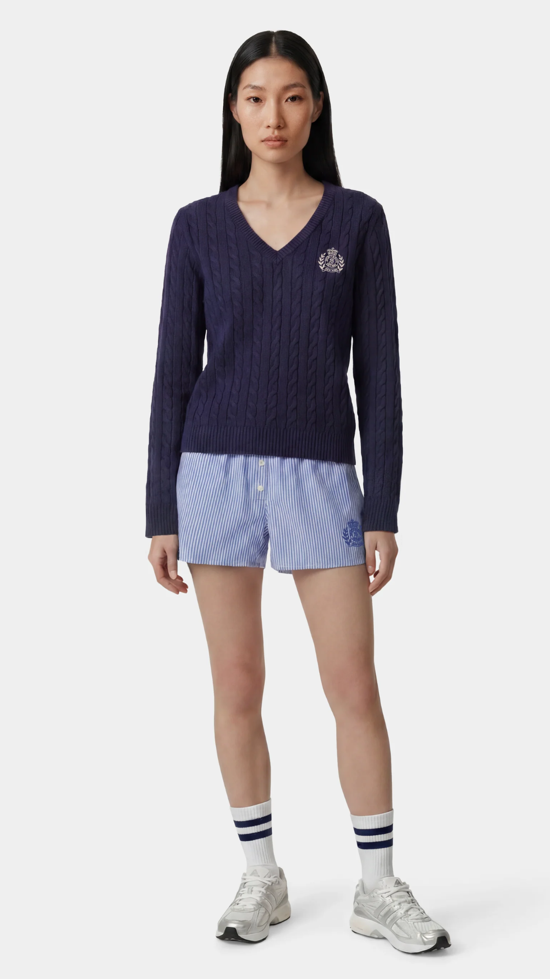 Sporty & Rich NY Crest V-Neck Cable Sweater in Light Navy/Ecru