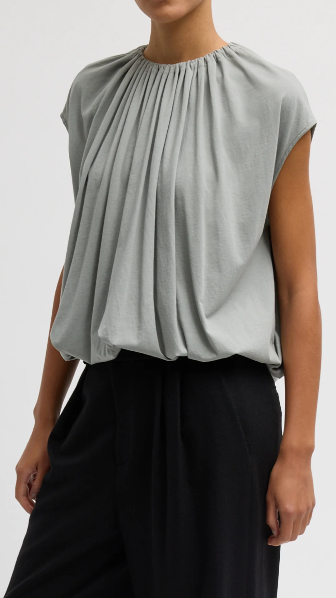 Tibi Shirred Neck Circular Top in Pumice