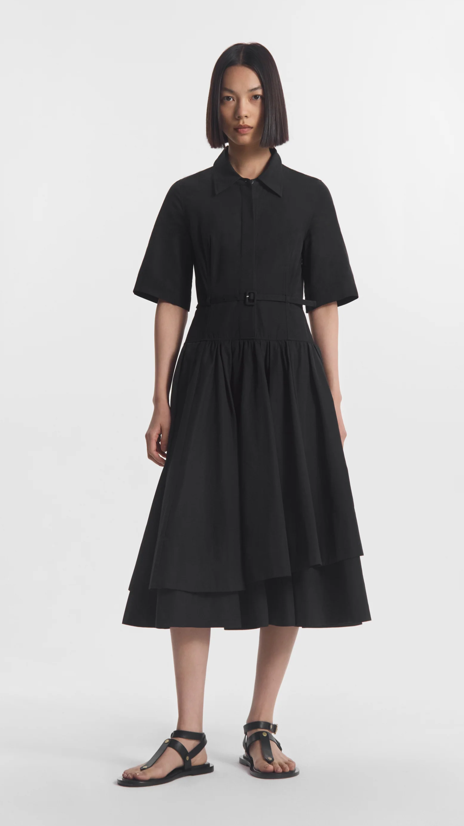 CO Short Sleeve Belted Cotton Dress in Black