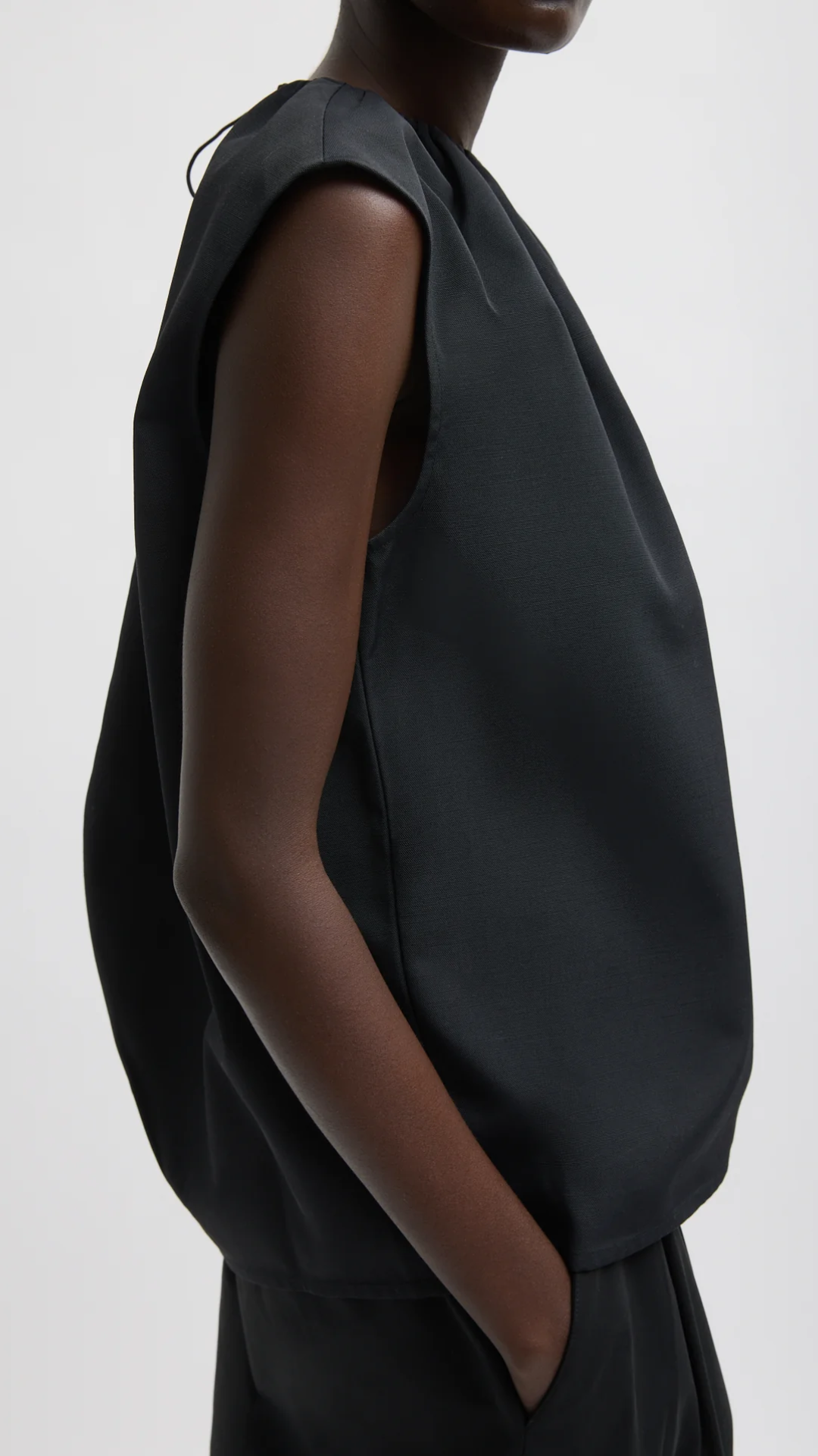 Tibi Lotte Nylon Shirred Neck Top in Black