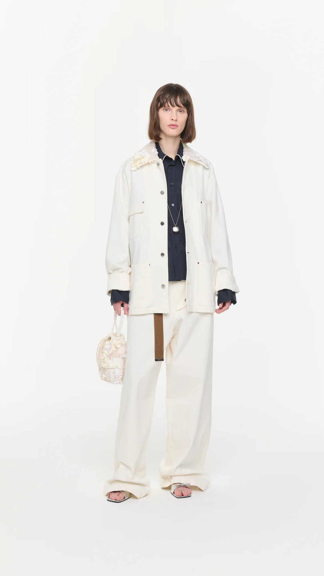 Plan C Denim Jacket With Sequin Collar in White