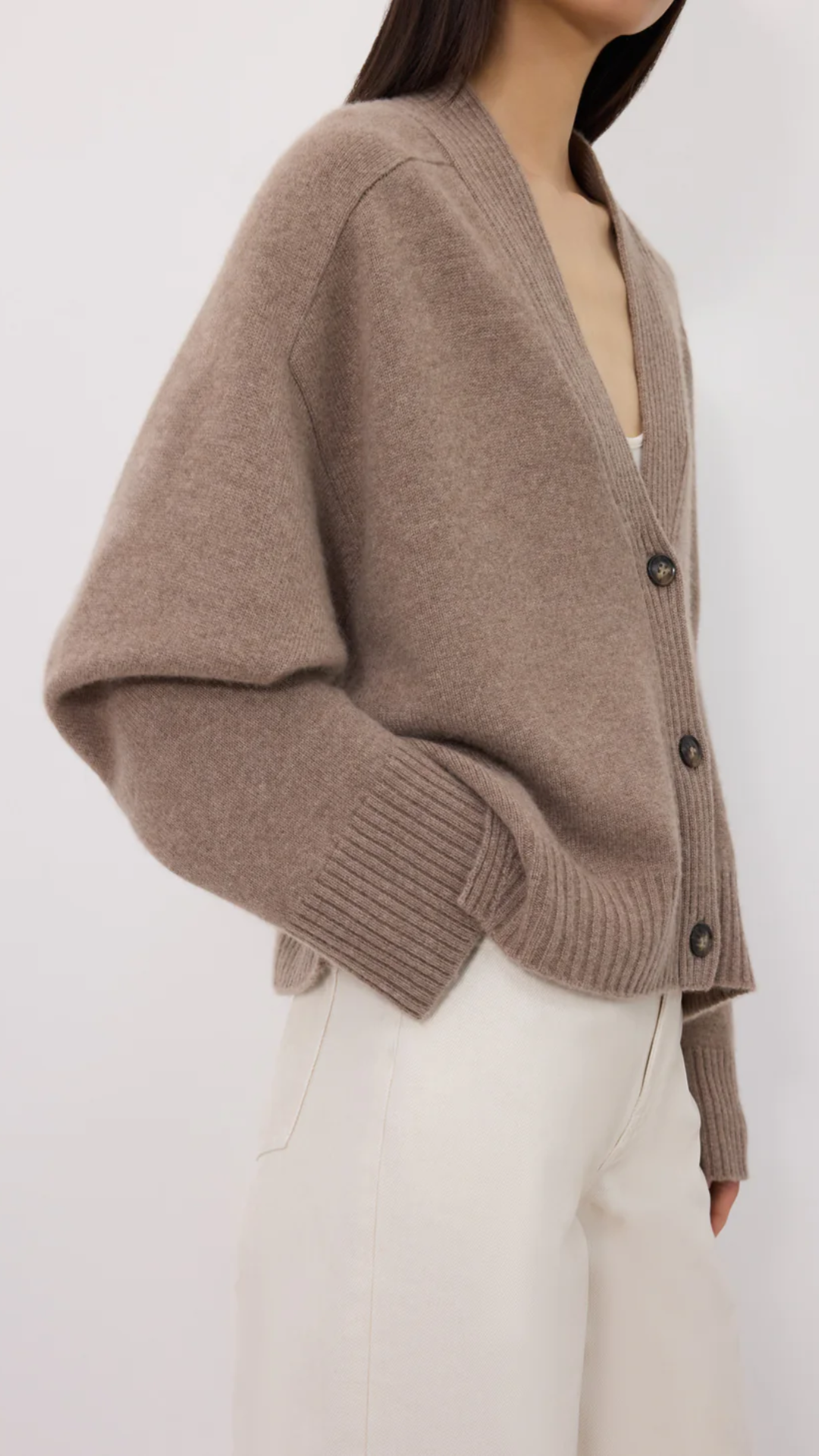 Loulou de Saison Kaia LDS V Neck Cardigan in Taupe Melange