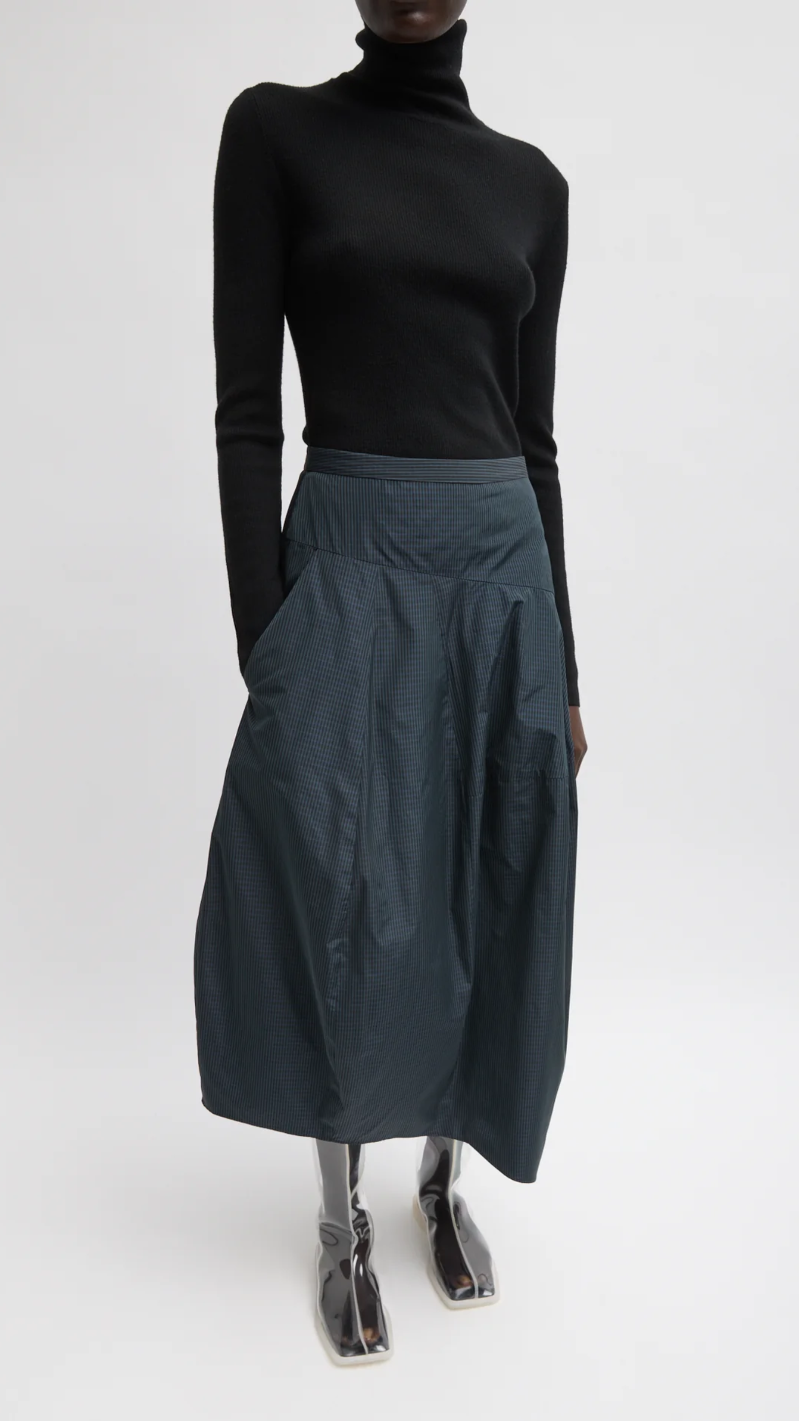 Tibi Menswear Nylon Asymmetrical Balloon Skirt in Navy Multi