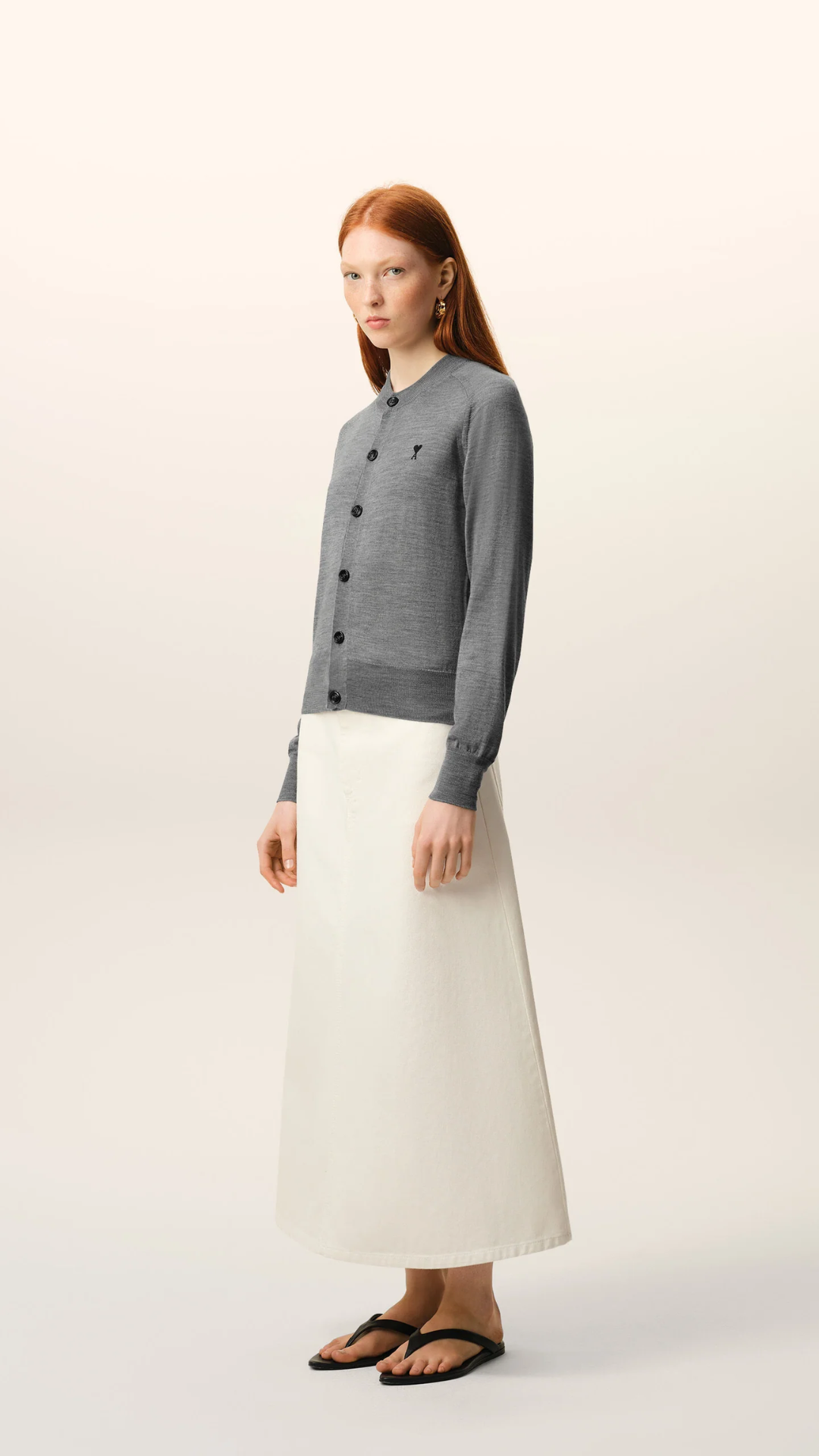 Ami Wool Contrast Ami De Coeur Cardi in Grey/Black