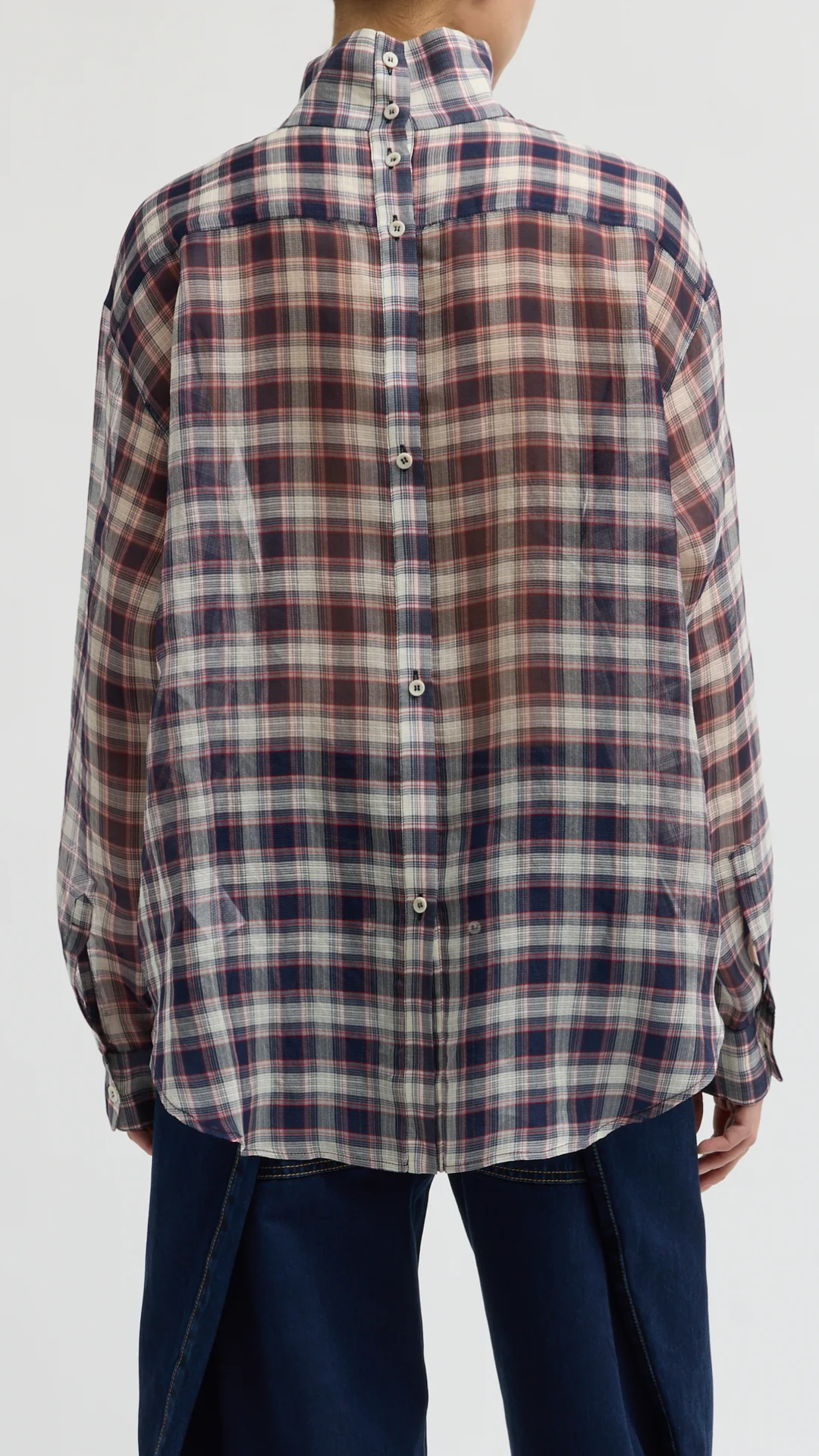 Tibi Silk Cotton Plaid Funnel Neck Top in Black/Red Multi