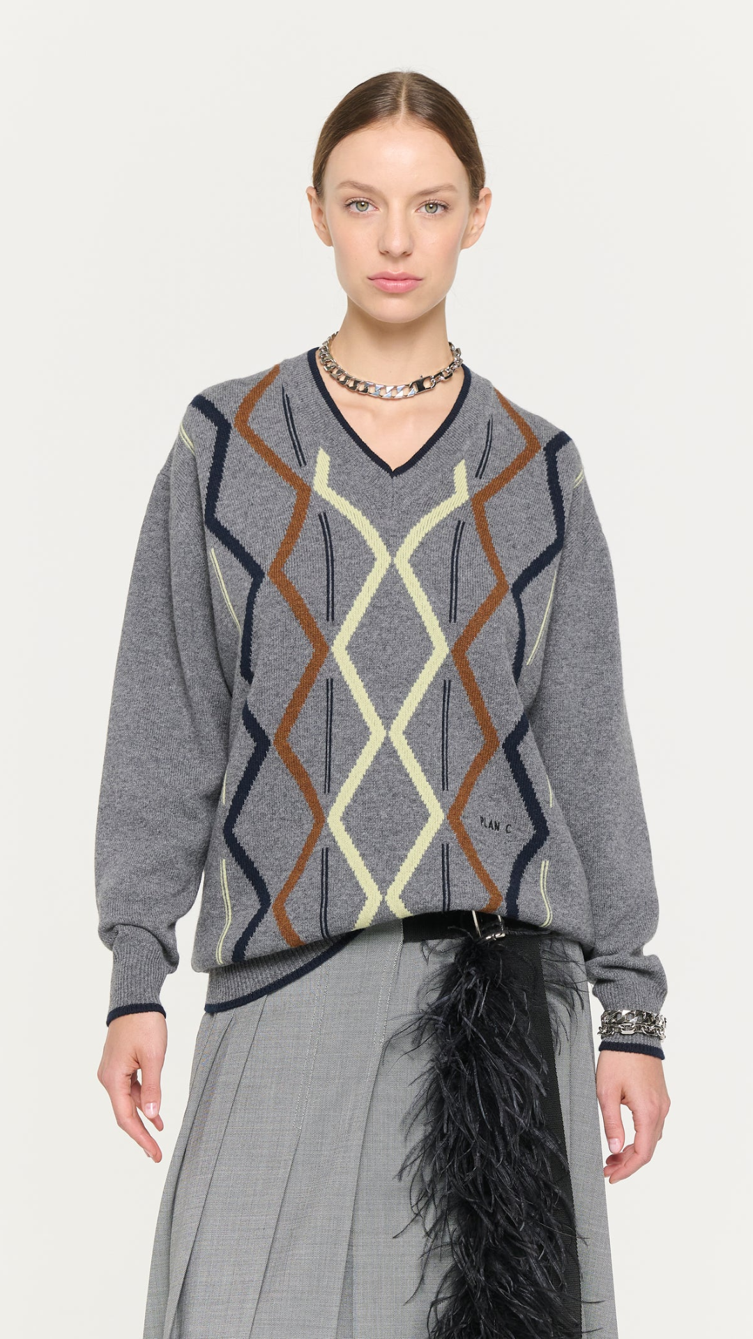 Plan C L/S Intarsia Crew Neck Knit in Multi
