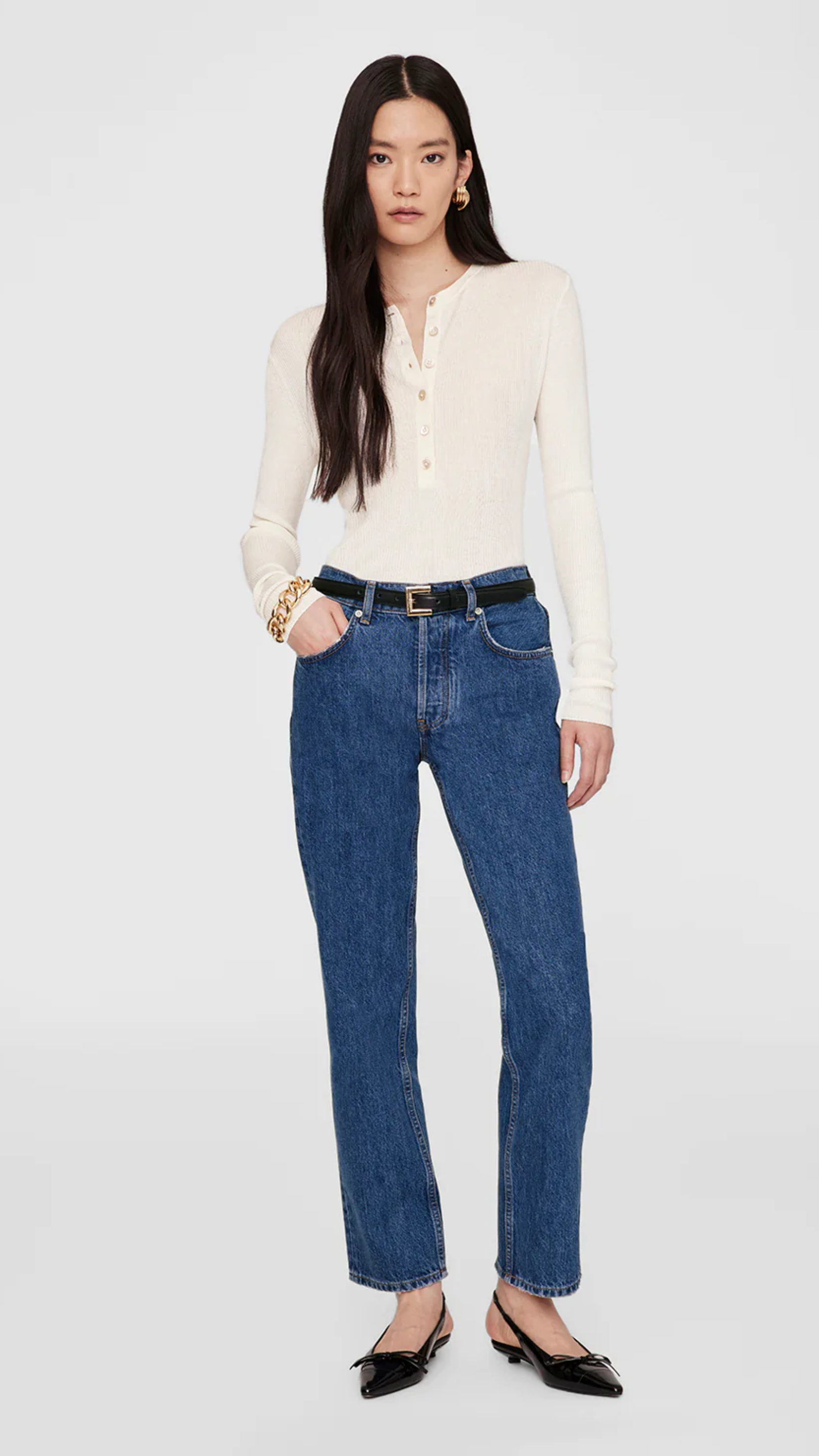 Anine Bing Katrin Long Sleeve Top in Ivory