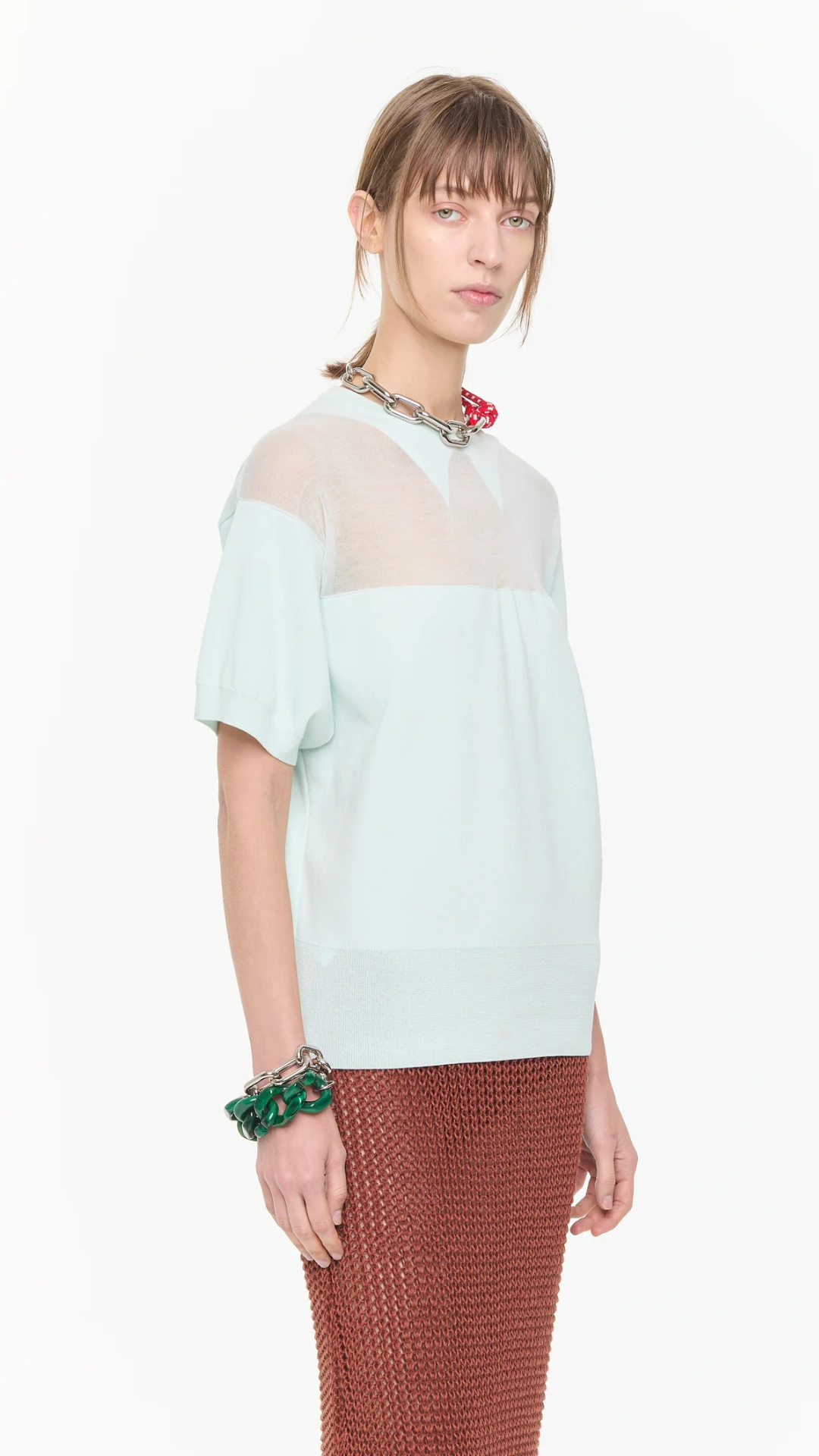 Plan C Short Sleeve Intarsia Knit Crew in Mint