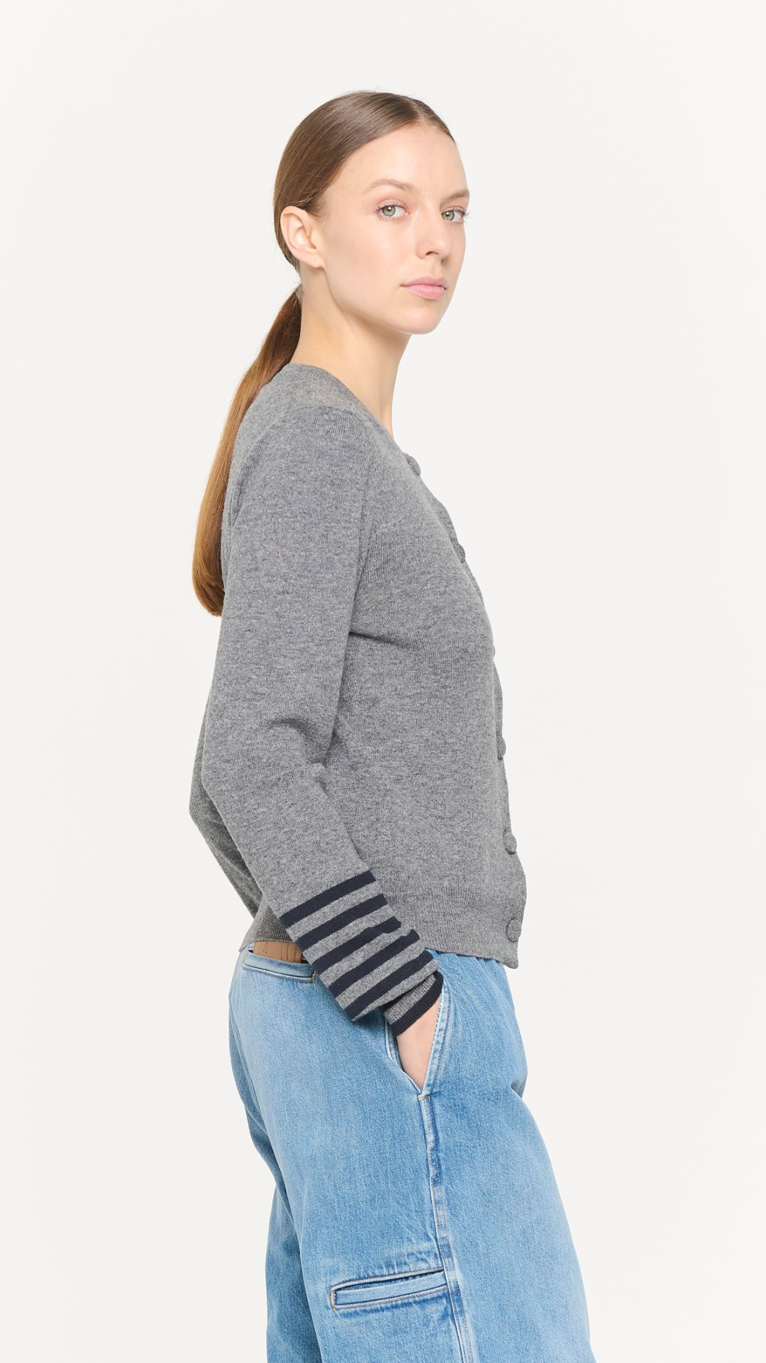 Plan C LS Cardigan in Grey Stripes