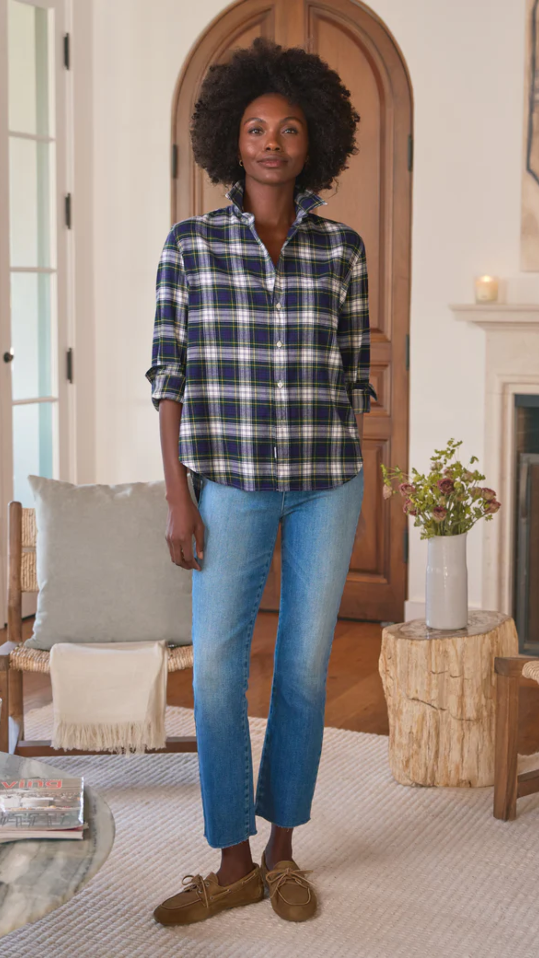 Frank & Eileen Eileen Relaxed Button Up Shirt in Blue and Green with White Plaid