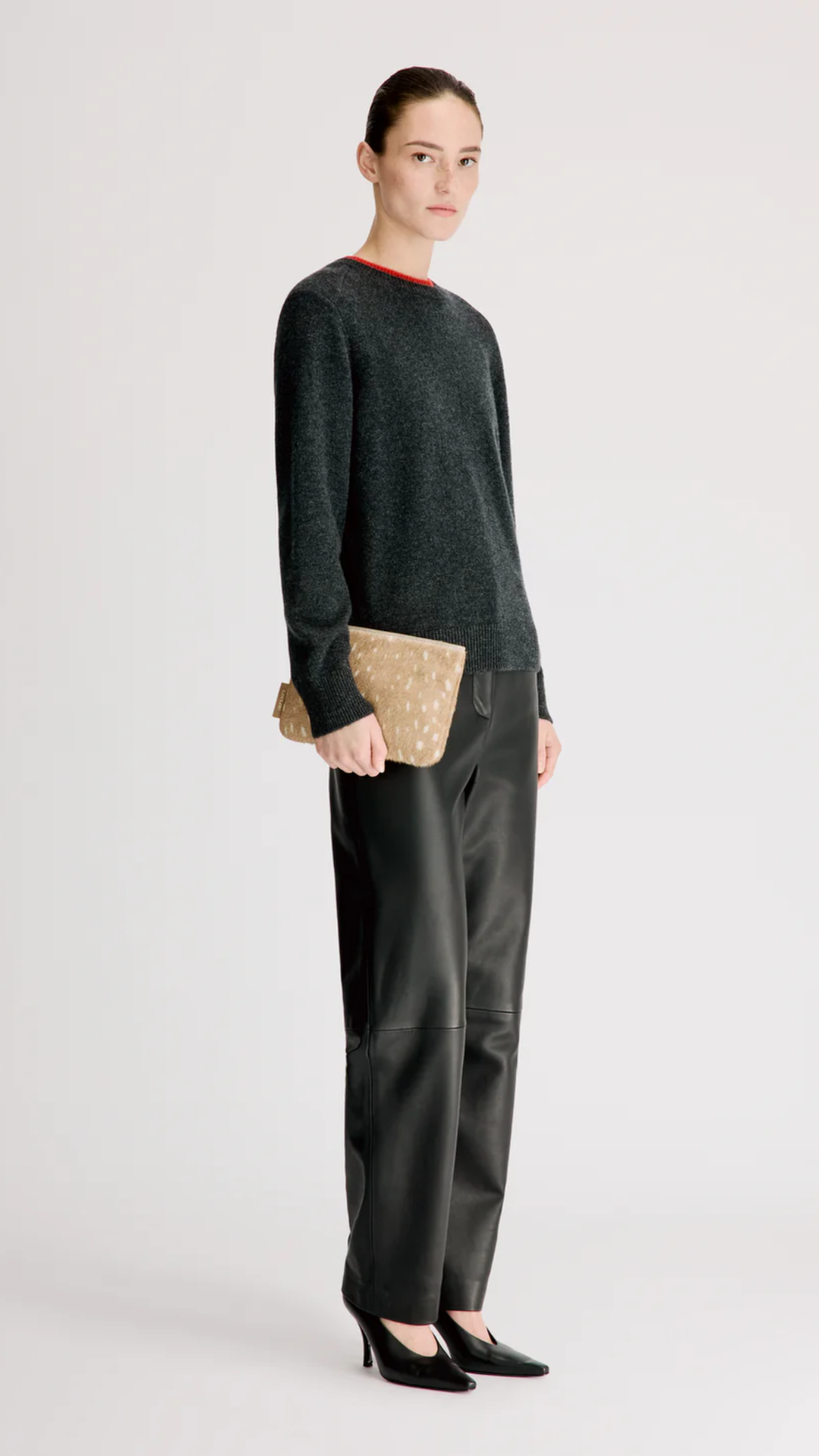 Loulou de Saison Otis Contrast Sweater in Charcoal/Red