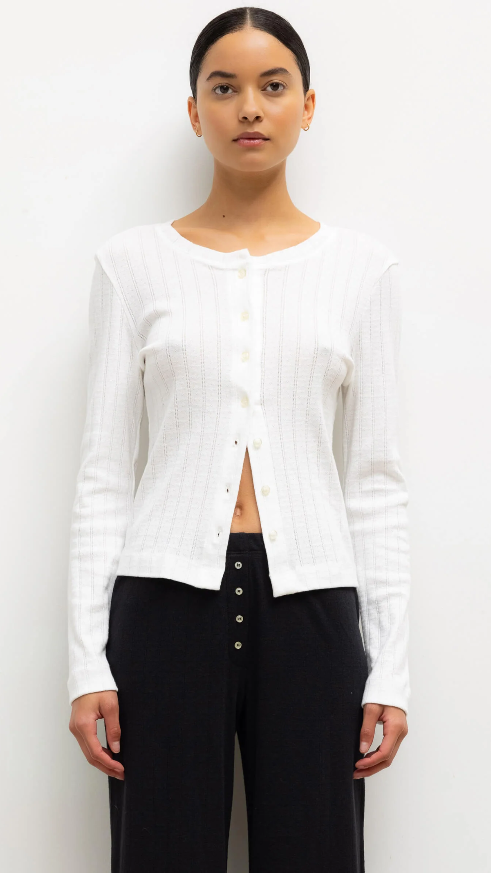 LESET Pointelle Classic Crew Cardigan in White