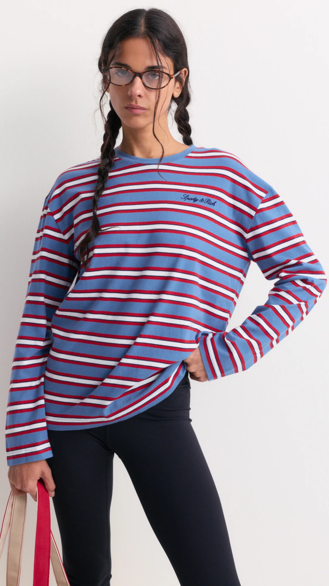 Sporty & Rich Fale Signature Logo Easy Long Sleeve in Blue & Red Striped