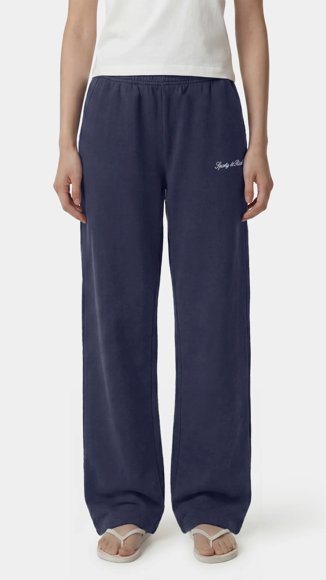 Sporty & Rich Signature Logo Embroidered Wide Sweatpant in Light Navy/White