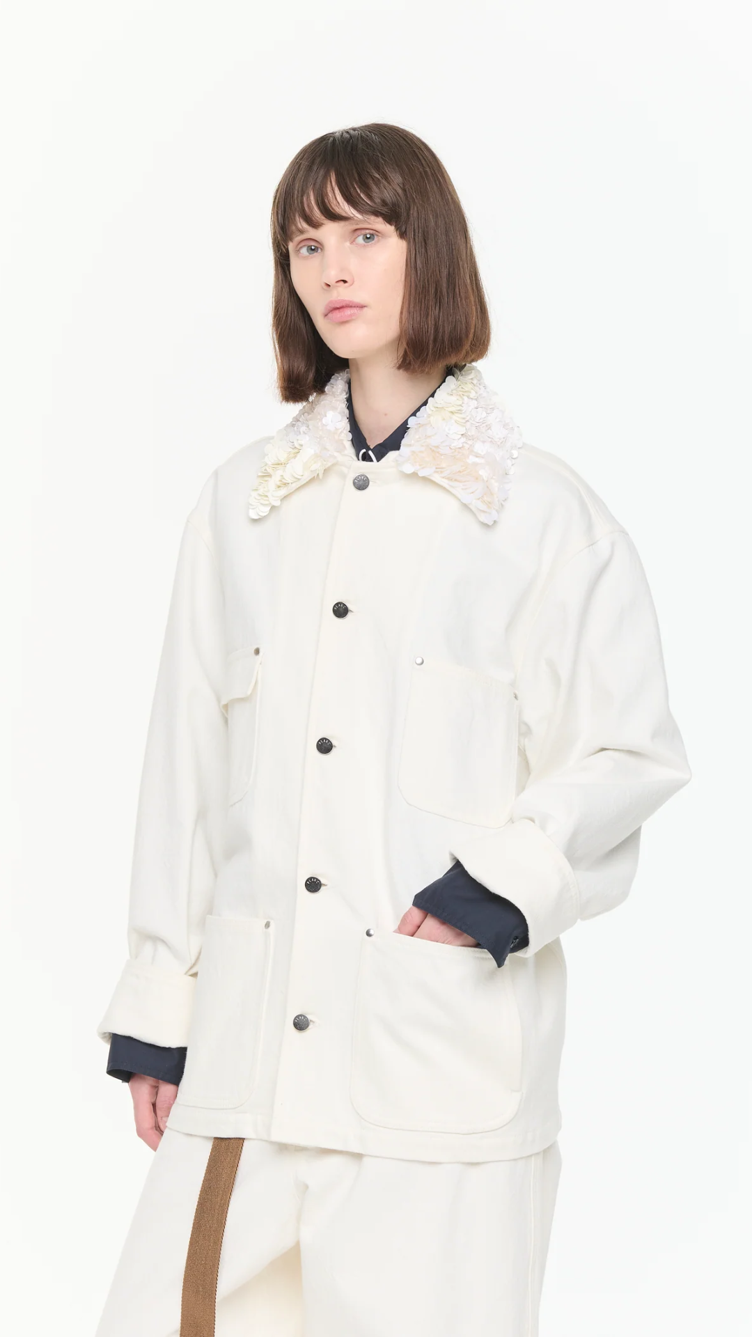 Plan C Denim Jacket With Sequin Collar in White