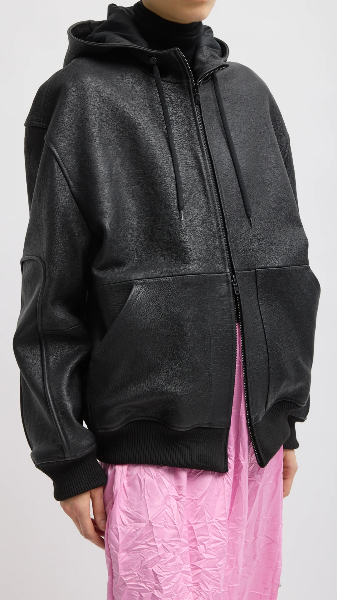 Tibi Pebbled Leather Hoodie Jacket in Black