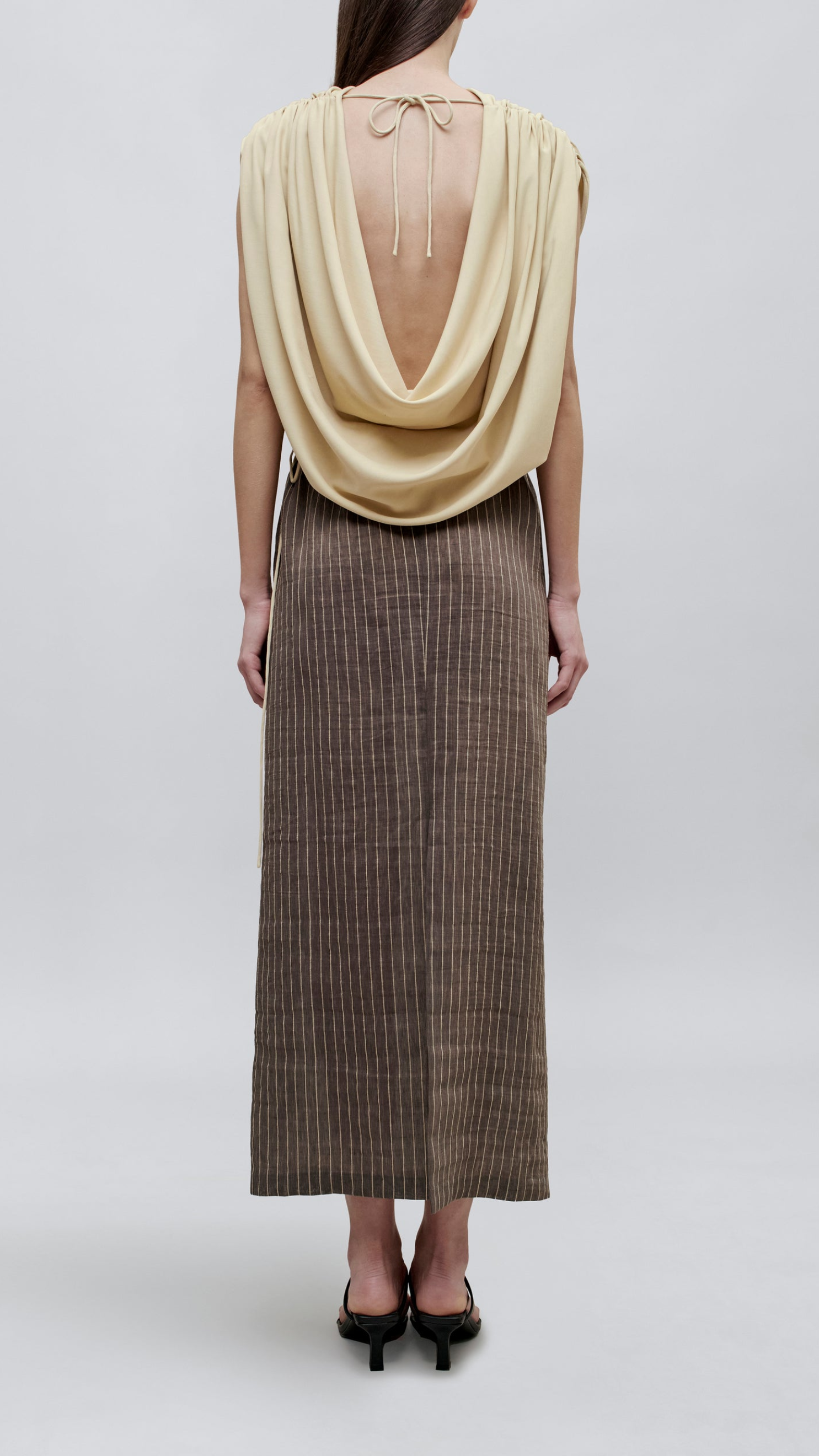 Kallmeyer Regina Drawstring Skirt in Graphite Linen Stripe