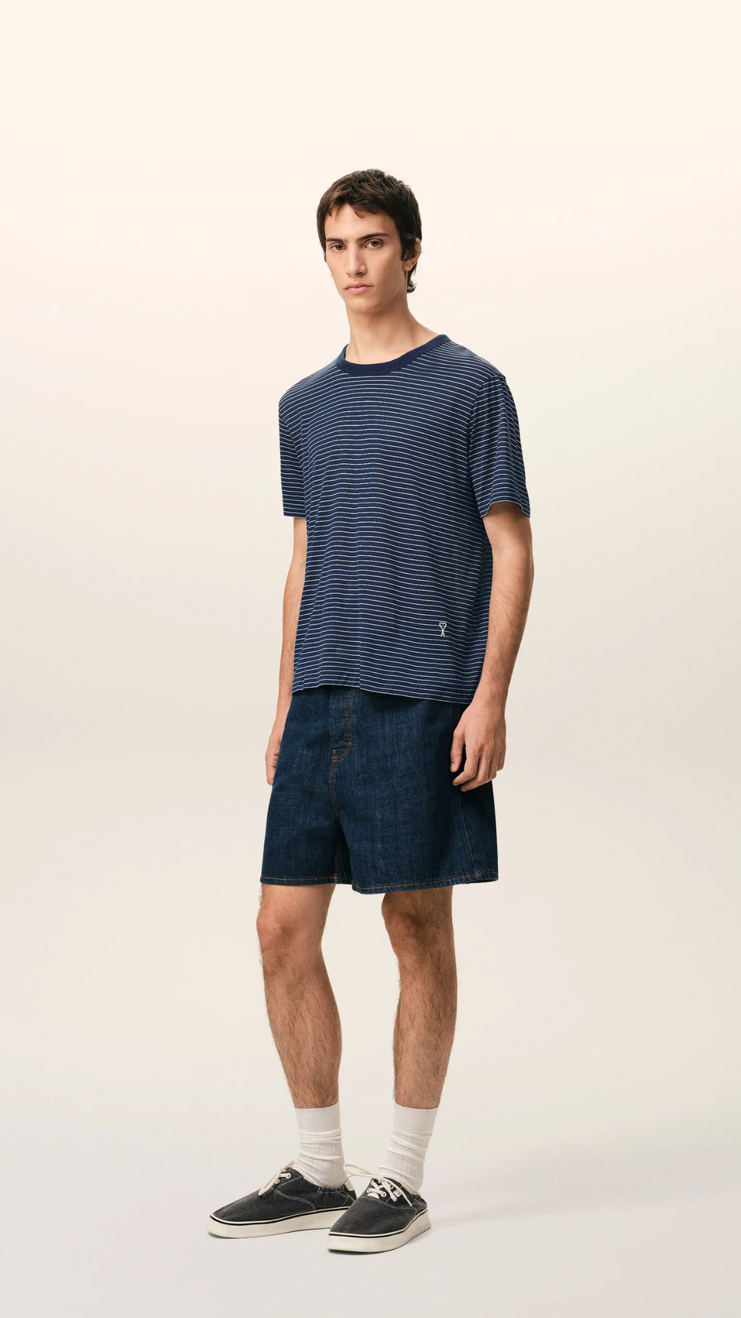 AMI Cotton Ami De Coeur T-Shirt in Navy/White Stripe