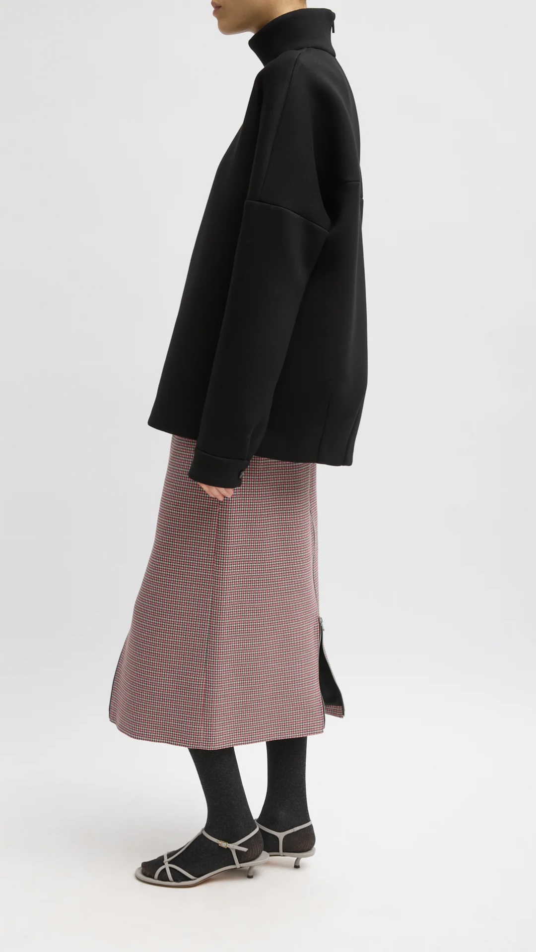 Tibi Leon Check Midi Trouser Zip Skirt in Pink Multi