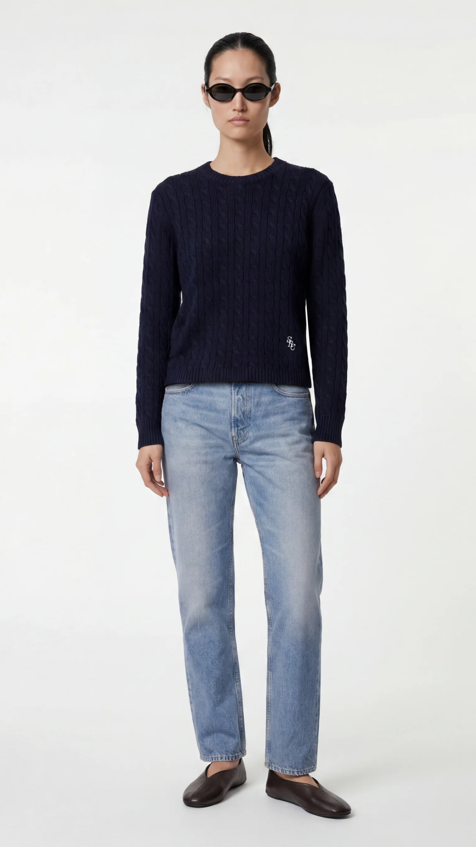 Sporty & Rich SRC Cable Sweater in Dark Navy