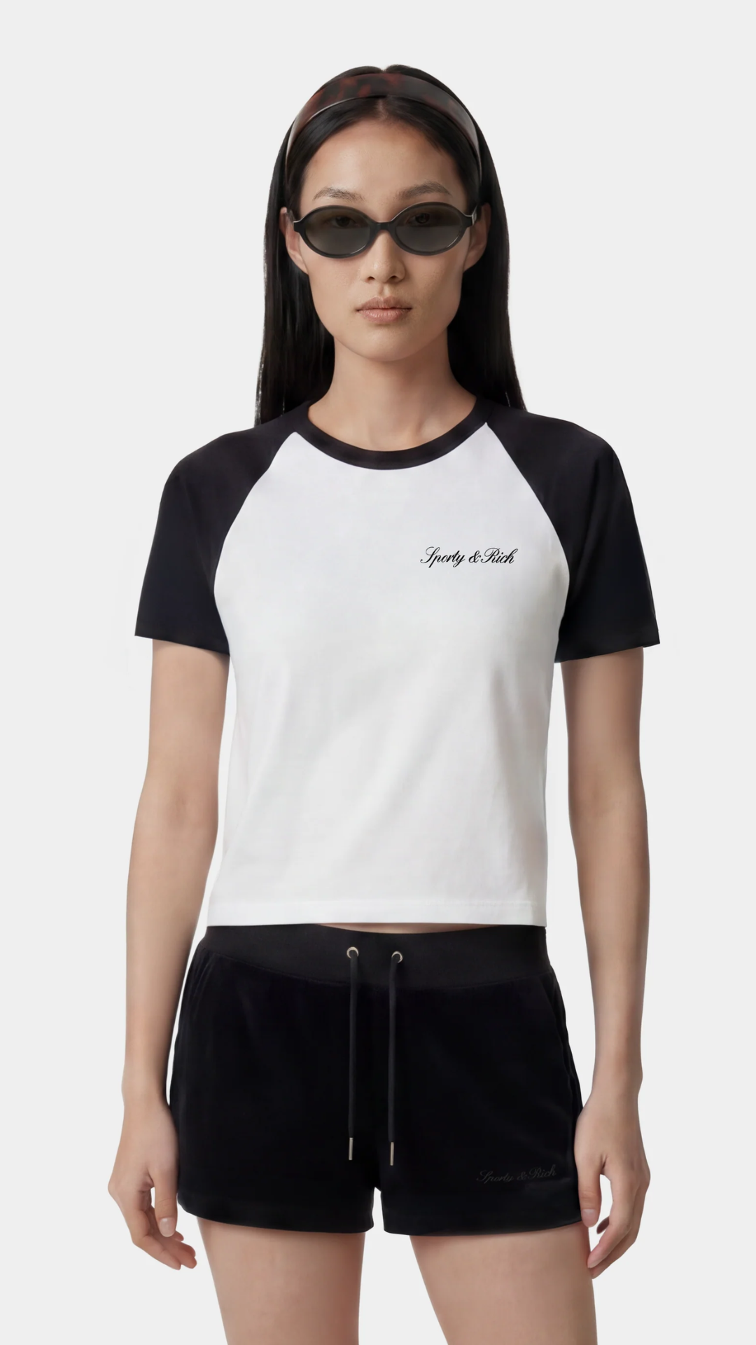 Sporty & Rich Signature Logo Baby Baseball Tee in White/ Black